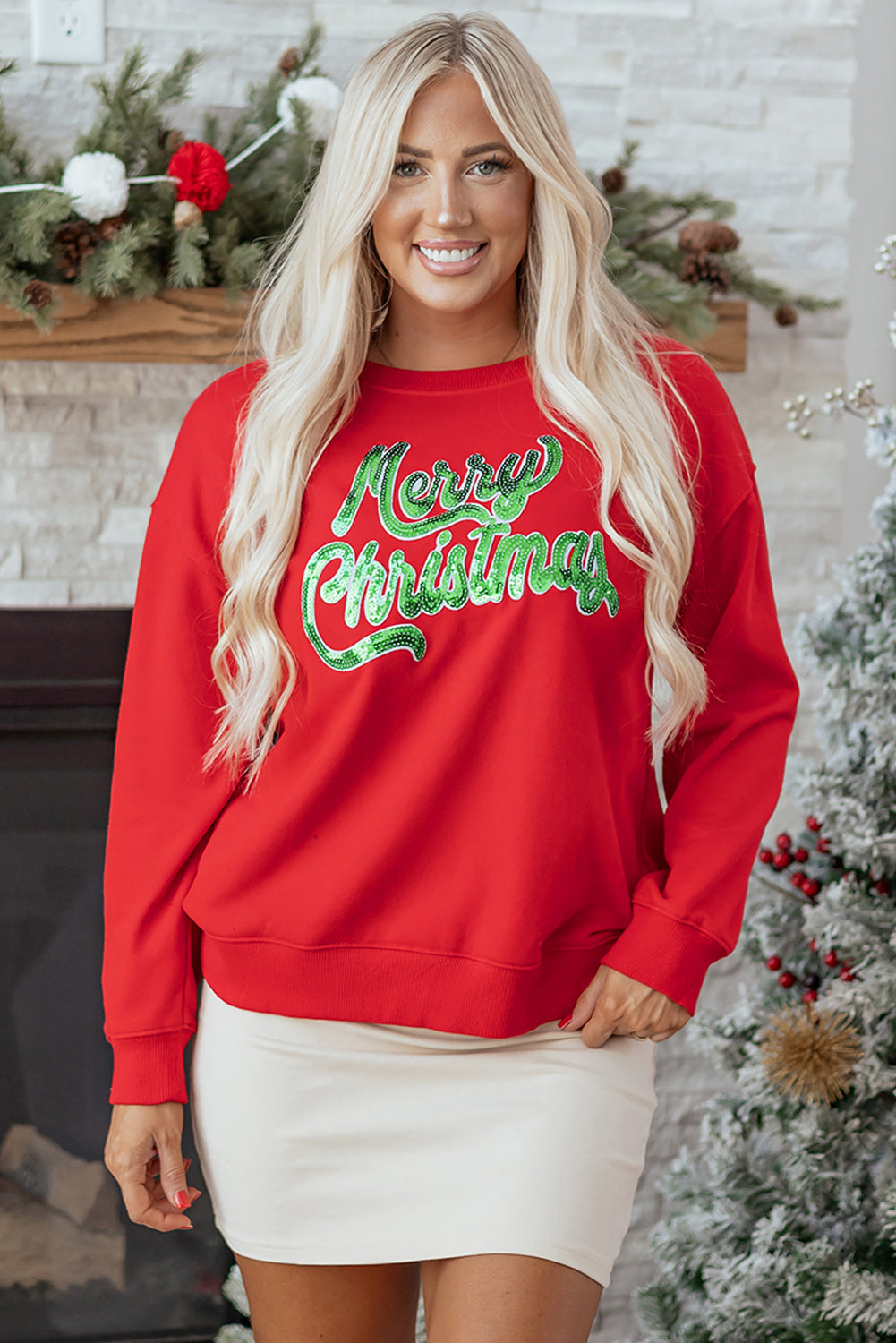 Blue Zone Planet | Red Merry Christmas Crewneck Drop Shoulder Loose Sweatshirt-Graphic/Graphic Sweatshirts-[Adult]-[Female]-2022 Online Blue Zone Planet