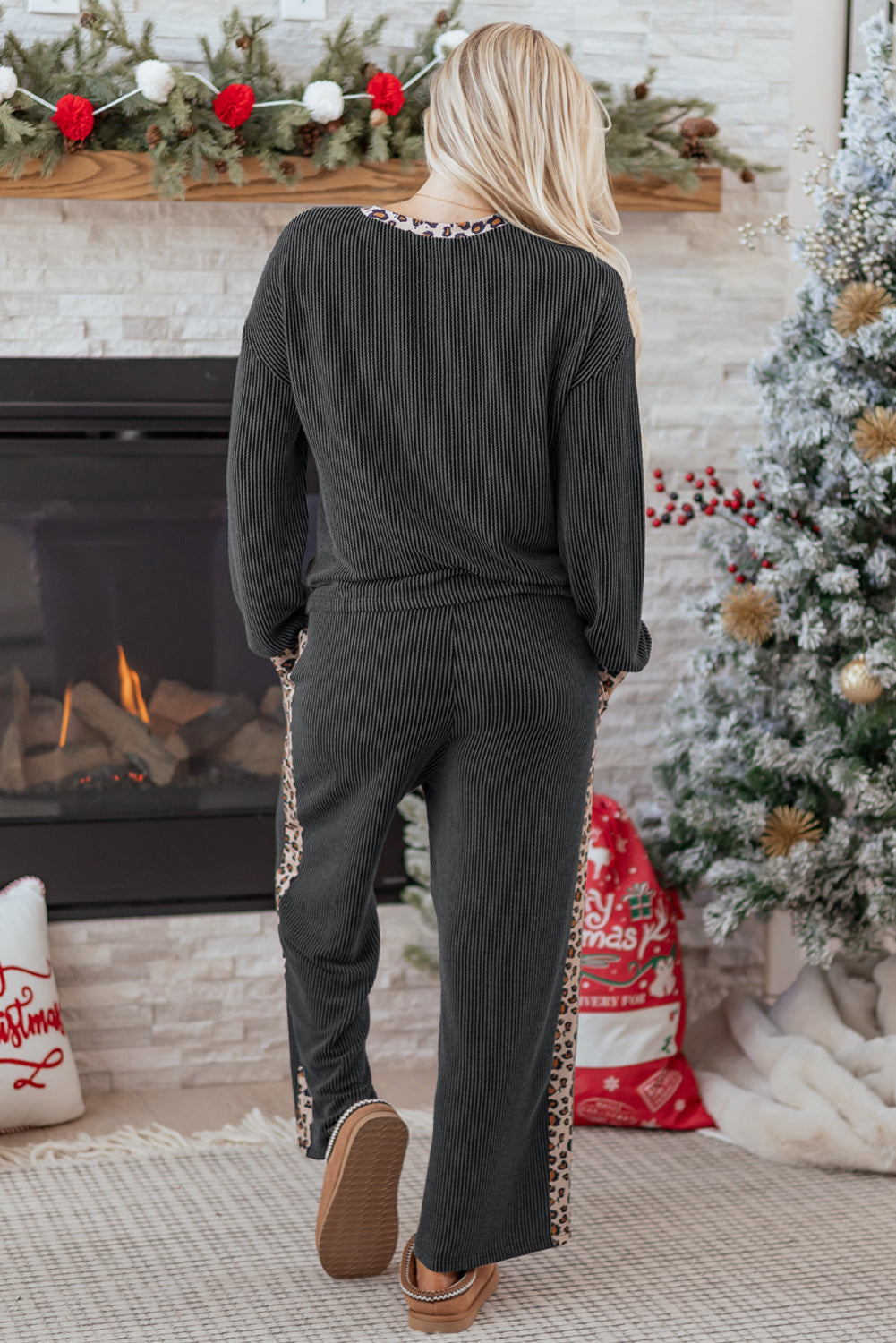 Carbon Grey Twisted Rib Texture Leopard Patchwork Detail 2pcs Pant Set-Two Piece Sets/Pant Sets-[Adult]-[Female]-2022 Online Blue Zone Planet