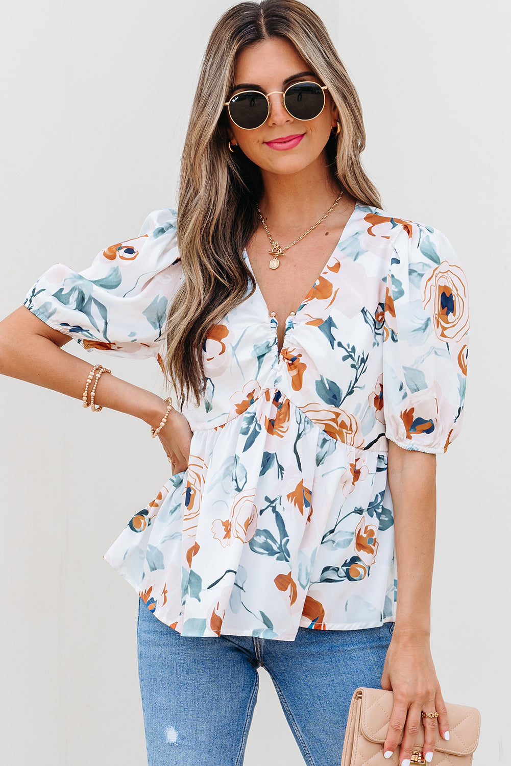 Green Floral Print Puff Sleeve V Neck Babydoll Blouse-Tops/Blouses & Shirts-[Adult]-[Female]-2022 Online Blue Zone Planet