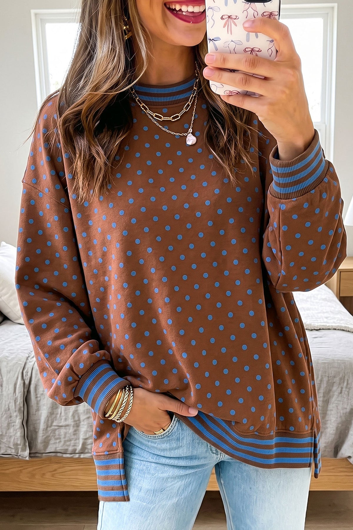 Brown Polka Dot Striped Trim Split Hem Casual Tunic Pullover Sweatshirt-Tops/Sweatshirts & Hoodies-[Adult]-[Female]-Brown-S-2022 Online Blue Zone Planet