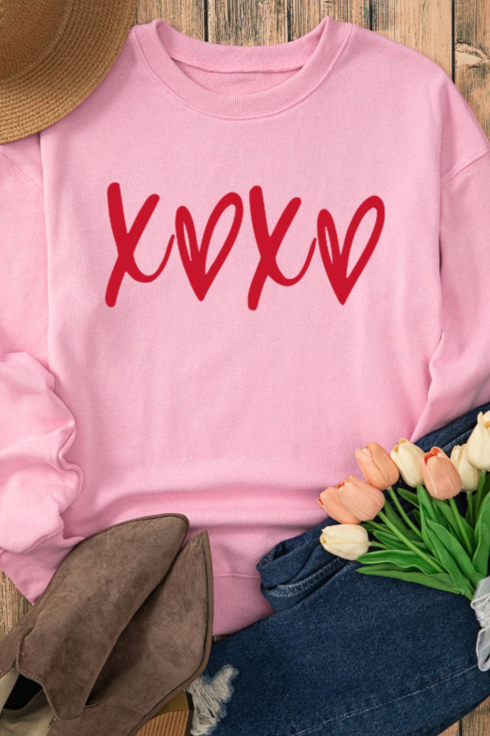 Valentine’s Day XOXO Round Neck Drop Shoulder Sweatshirt-TOPS / DRESSES-[Adult]-[Female]-2022 Online Blue Zone Planet