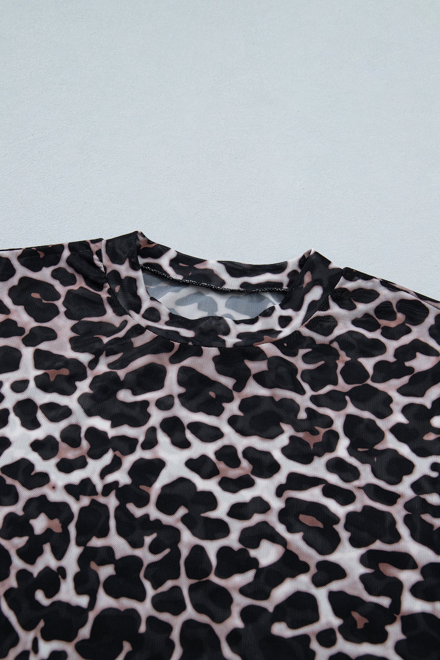 Khaki Leopard Print Sheer Mesh Short Sleeve Top-Tops/Tops & Tees-[Adult]-[Female]-2022 Online Blue Zone Planet