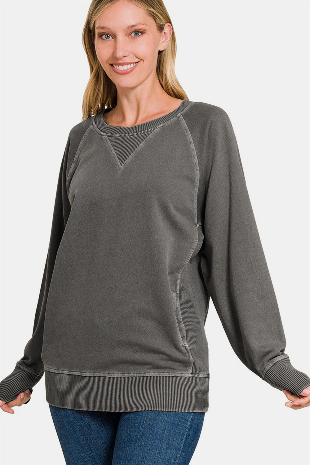 Blue Zone Planet | Zenana Round Neck Long Sleeve Sweatshirt-TOPS / DRESSES-[Adult]-[Female]-2022 Online Blue Zone Planet