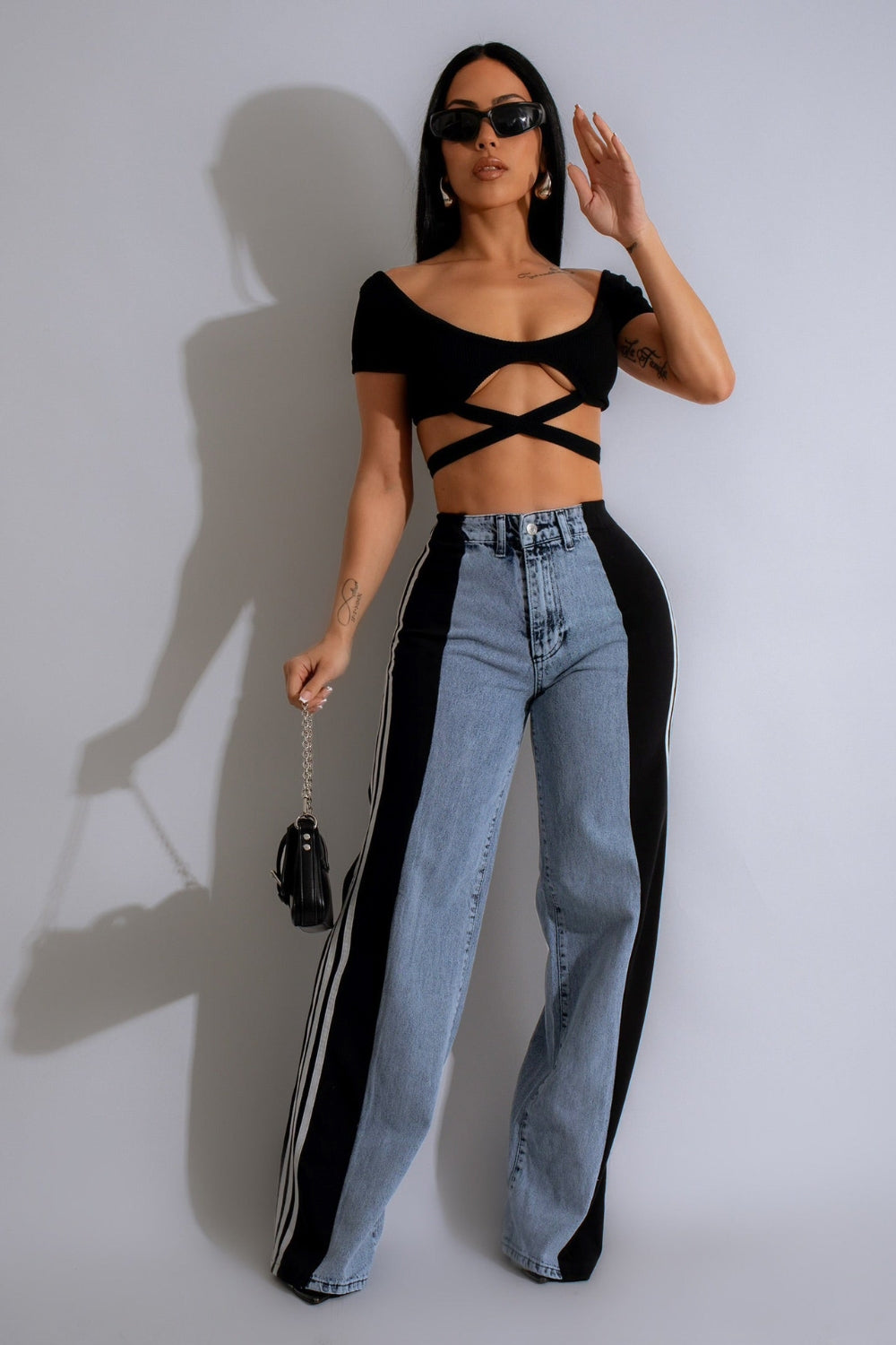 Contrast Side Striped Wide Leg Jeans-BOTTOMS SIZES SMALL MEDIUM LARGE-[Adult]-[Female]-2022 Online Blue Zone Planet