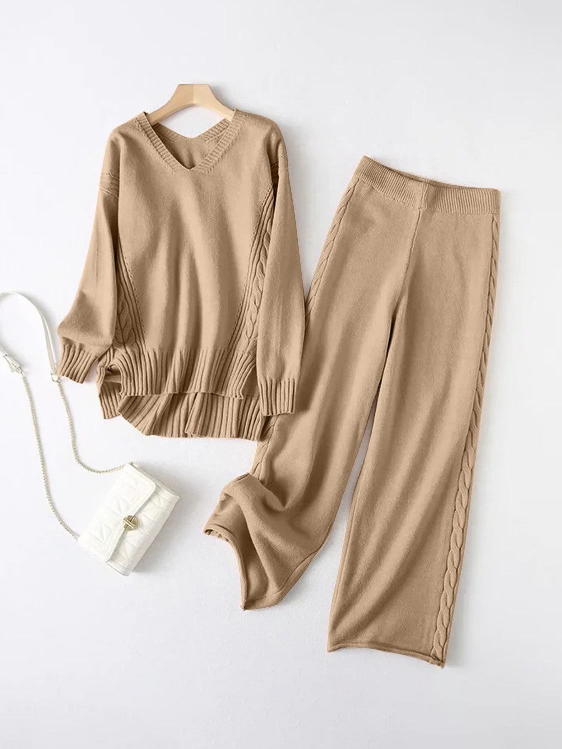 Slit V-Neck Long Sleeve Top and Pants Sweater Set-TOPS / DRESSES-[Adult]-[Female]-Camel-One Size-2022 Online Blue Zone Planet