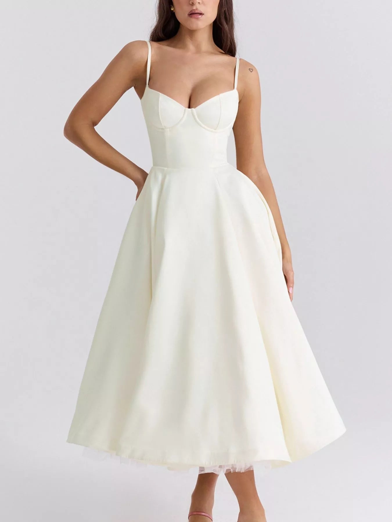 Sweetheart Neck Tulle Midi Dress in Navy Blue