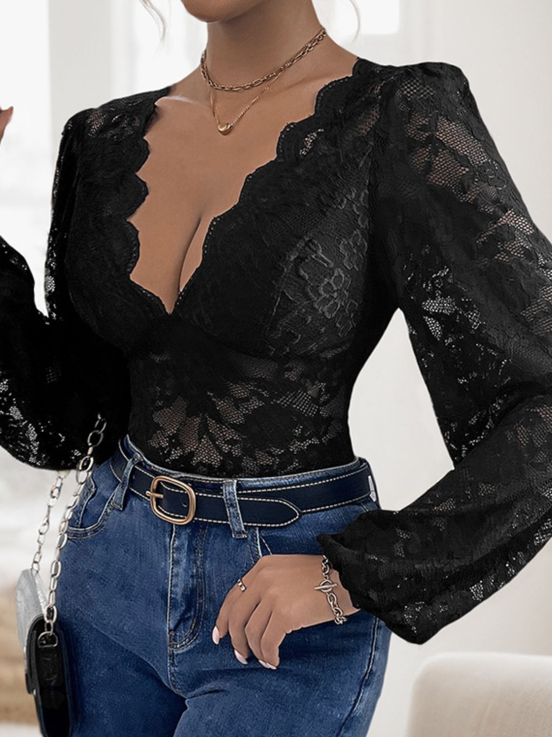 Perfee Lace Plunge Long Sleeve Bodysuit-TOPS / DRESSES-[Adult]-[Female]-2022 Online Blue Zone Planet