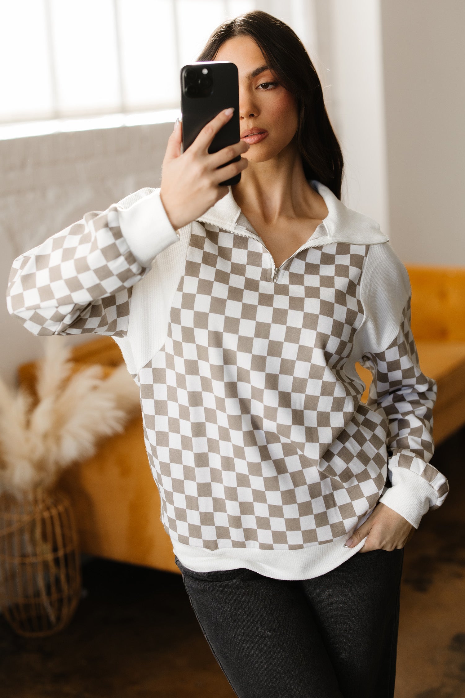 Khaki Checkered Print Quarter Zip Ribbed Patchwork Loose Sweatshirt-Tops/Sweatshirts & Hoodies-[Adult]-[Female]-2022 Online Blue Zone Planet