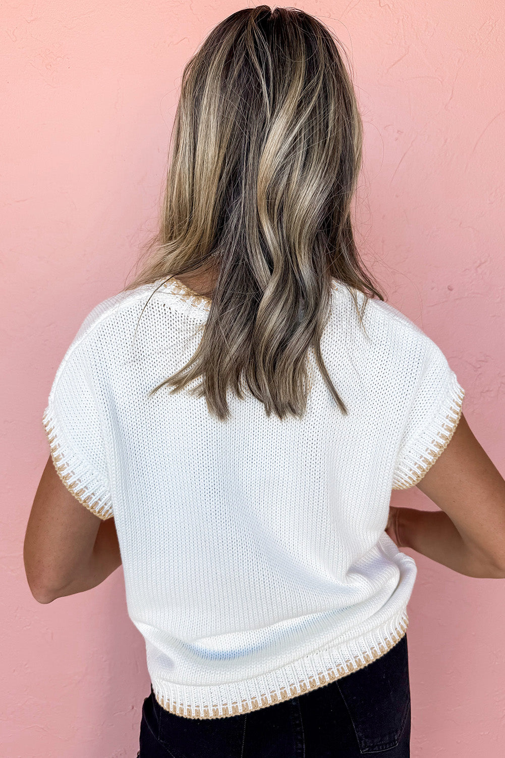 White Knitted Yeehaw Stitch Edge Crew Neck Sweater T Shirt-Sweaters & Cardigans/Short Sleeve Sweaters-[Adult]-[Female]-2022 Online Blue Zone Planet