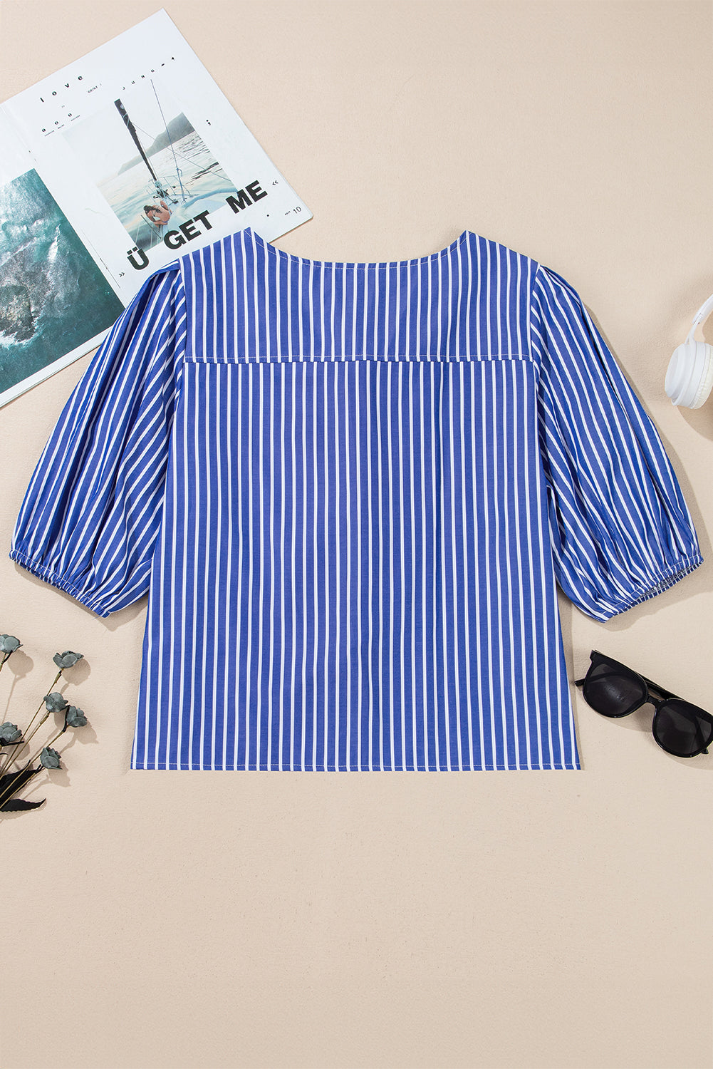 Blue Stripe Bow Tie Front Puff Short Sleeve Blouse-Blouses-[Adult]-[Female]-2022 Online Blue Zone Planet