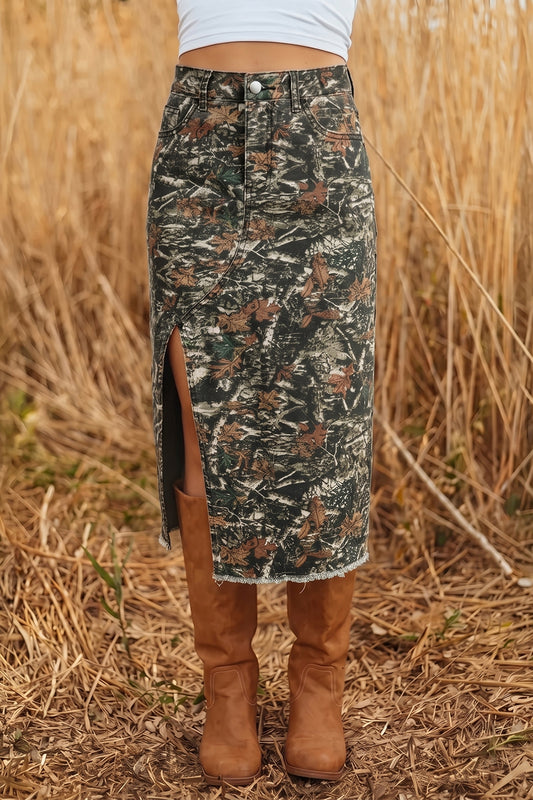 Multicolour Woodland Camouflage Split Raw Hem Midi Western Skirt-Bottoms/Skirts & Petticoat-[Adult]-[Female]-Multicolour-4-2022 Online Blue Zone Planet