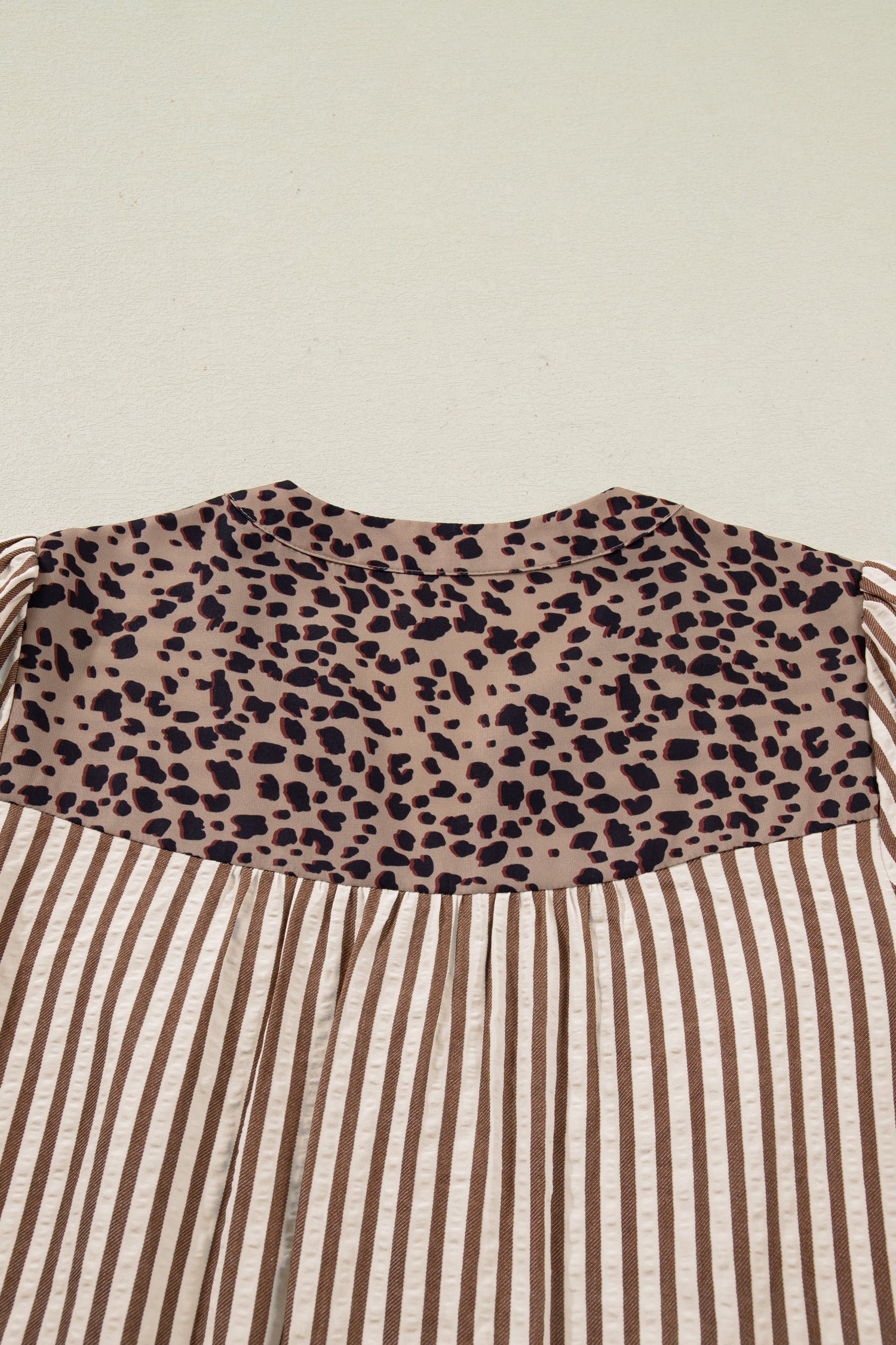 Brown Stripe Leopard Trim V Neck Button Down Half Sleeve Shirt-Tops/Blouses & Shirts-[Adult]-[Female]-2022 Online Blue Zone Planet