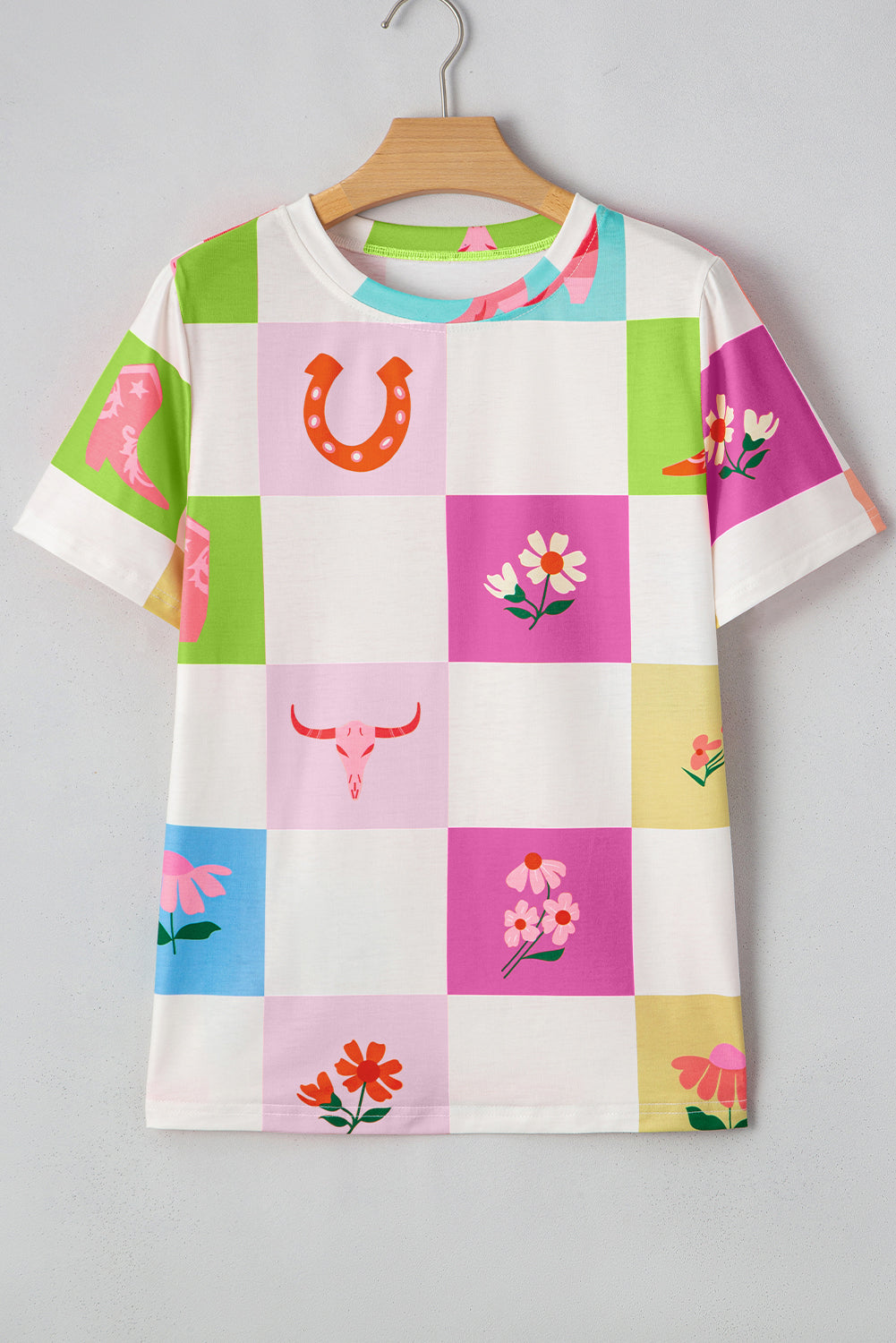 Sky Blue Western Fashion Checker Print Crewneck T Shirt-Tops/Tops & Tees-[Adult]-[Female]-2022 Online Blue Zone Planet