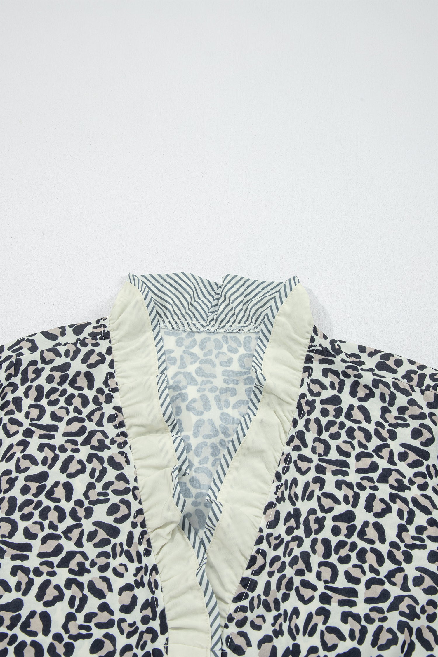 Black Plus Leopard Print Striped Color Block Trim Frilled V Neck Short Sleeve Blouse-Plus Size/Plus Size Tops/Plus Size Blouses & Shirts-[Adult]-[Female]-2022 Online Blue Zone Planet