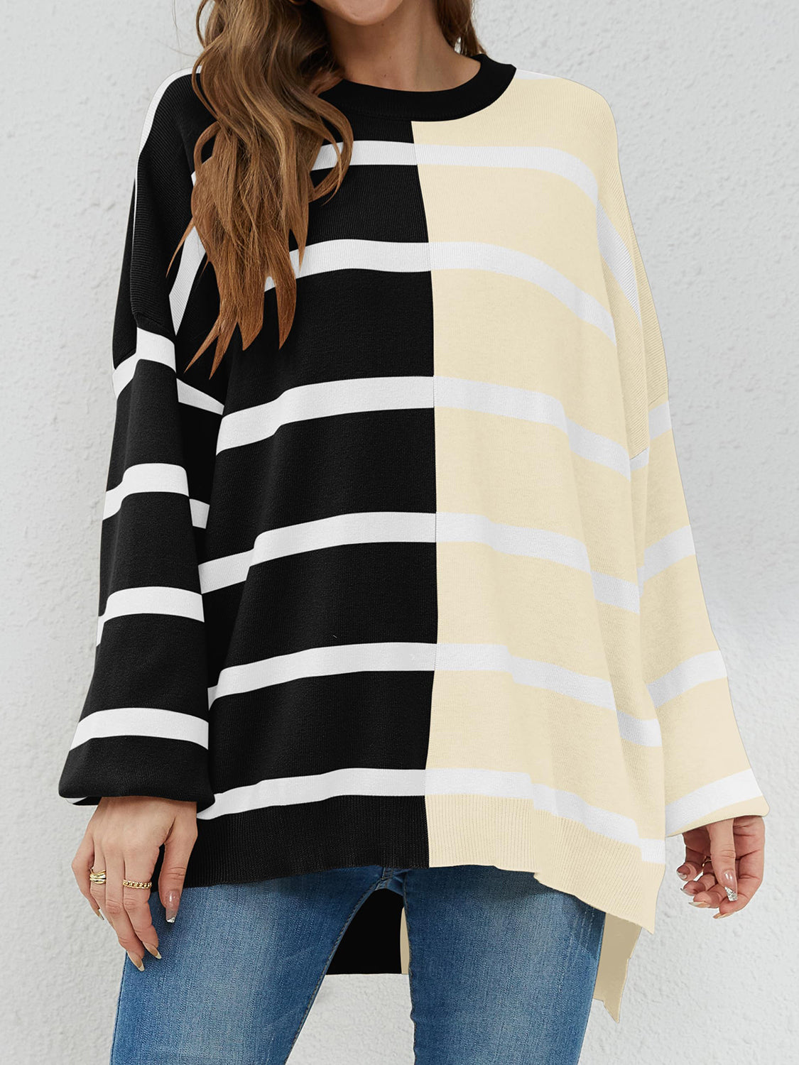 Striped Round Neck Long Sleeve Sweater-TOPS / DRESSES-[Adult]-[Female]-Black-S-2022 Online Blue Zone Planet