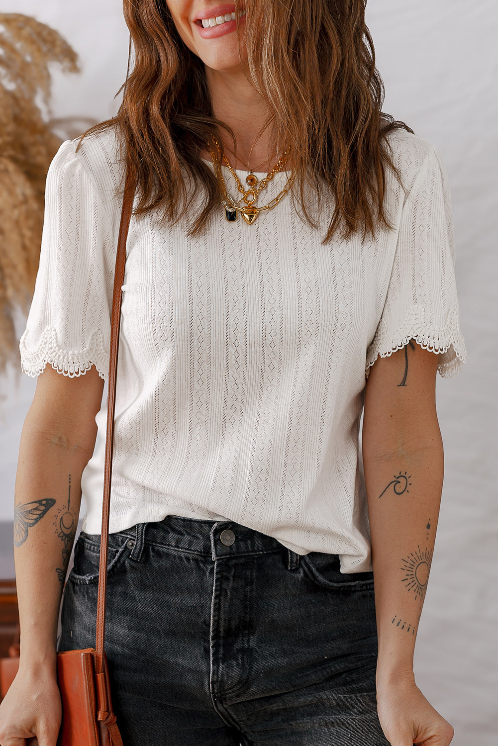 White Scalloped Lace Trim Jacquard Textured T Shirt-Tops/Tops & Tees-[Adult]-[Female]-2022 Online Blue Zone Planet