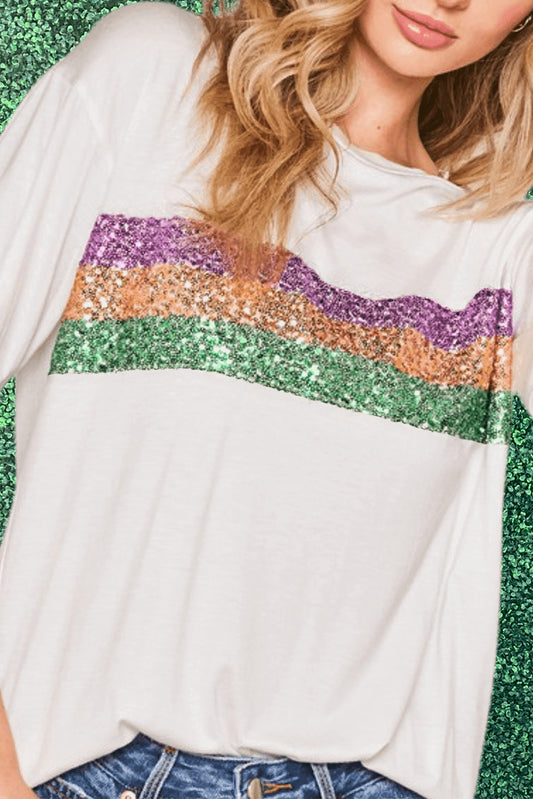White Sequin Stripes Patchwork Mardi Gras Crew Neck T Shirt-Tops/Tops & Tees-[Adult]-[Female]-White-S-2022 Online Blue Zone Planet