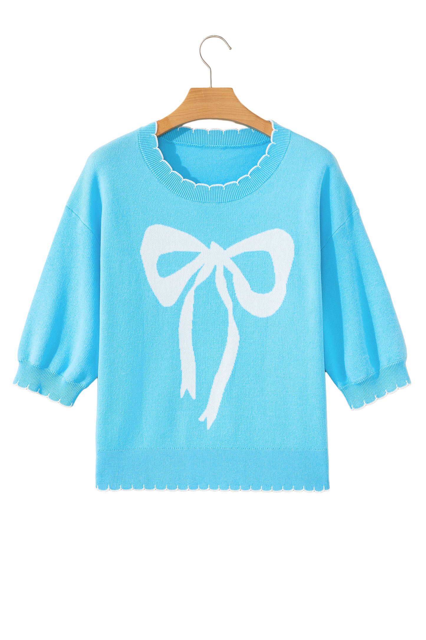 Light Blue Big Ribbon Bow Print Contrast Stitch Trim Drop Shoulder Sweater-TOPS / DRESSES-[Adult]-[Female]-2022 Online Blue Zone Planet