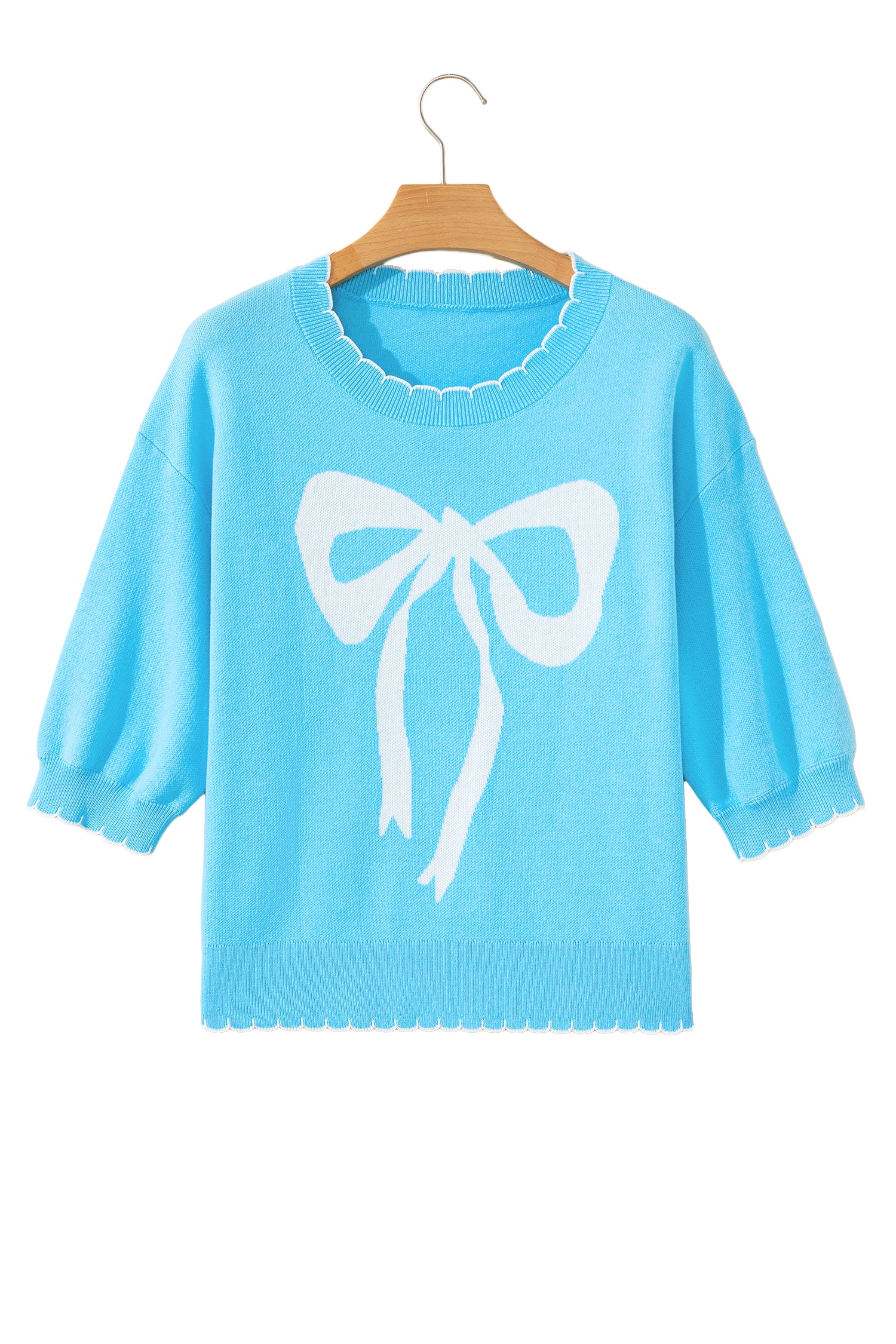 Light Blue Big Ribbon Bow Print Contrast Stitch Trim Drop Shoulder Sweater-TOPS / DRESSES-[Adult]-[Female]-2022 Online Blue Zone Planet