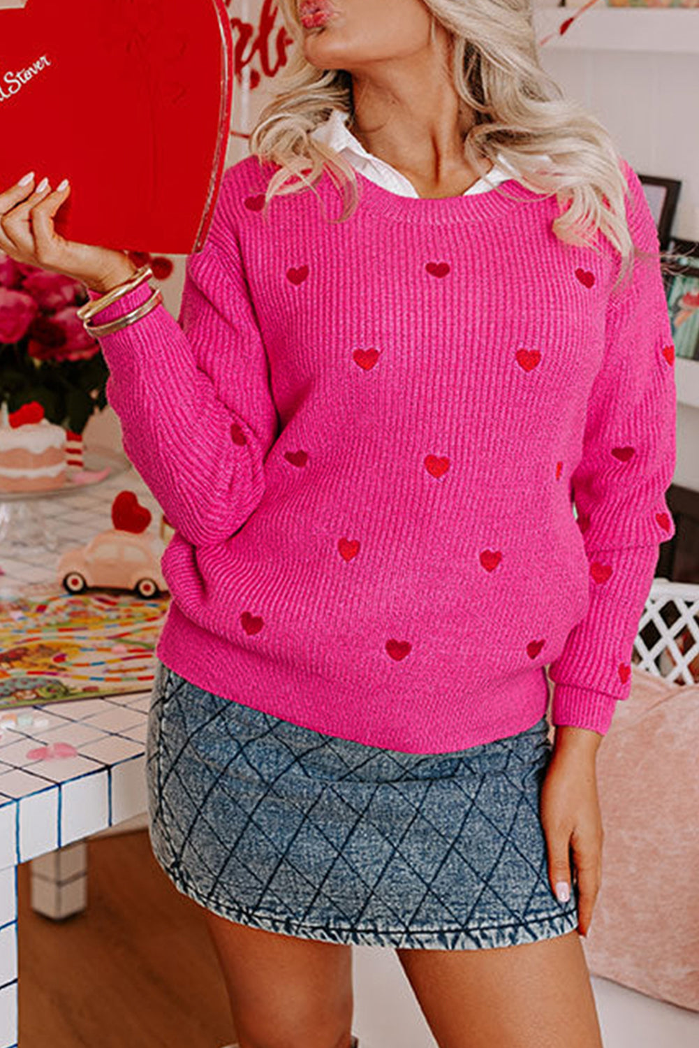 White Heart Shape Drop Shoulder Round Neck Sweater-Sweaters & Cardigans/Sweaters-[Adult]-[Female]-Rose Red-S-2022 Online Blue Zone Planet