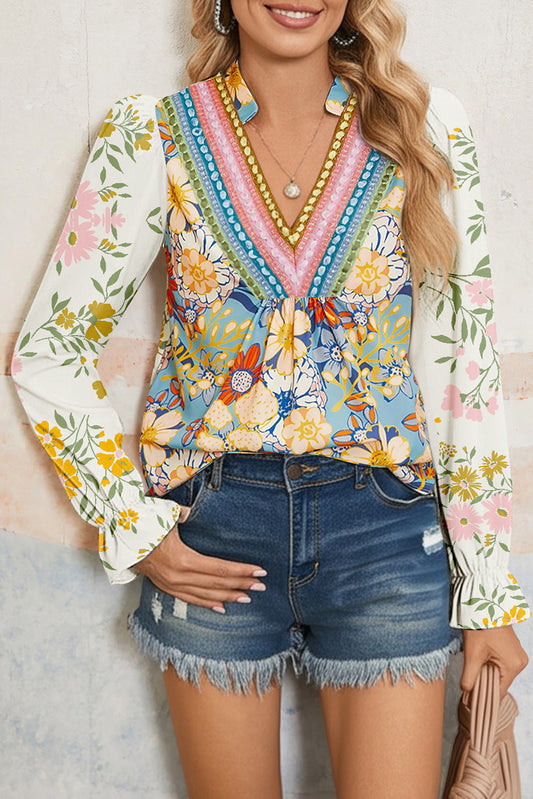 Sky Blue Floral Print Ruffled Long Sleeve Crochet Trim V Neck Blouse-Tops/Blouses & Shirts-[Adult]-[Female]-Sky Blue-S-2022 Online Blue Zone Planet