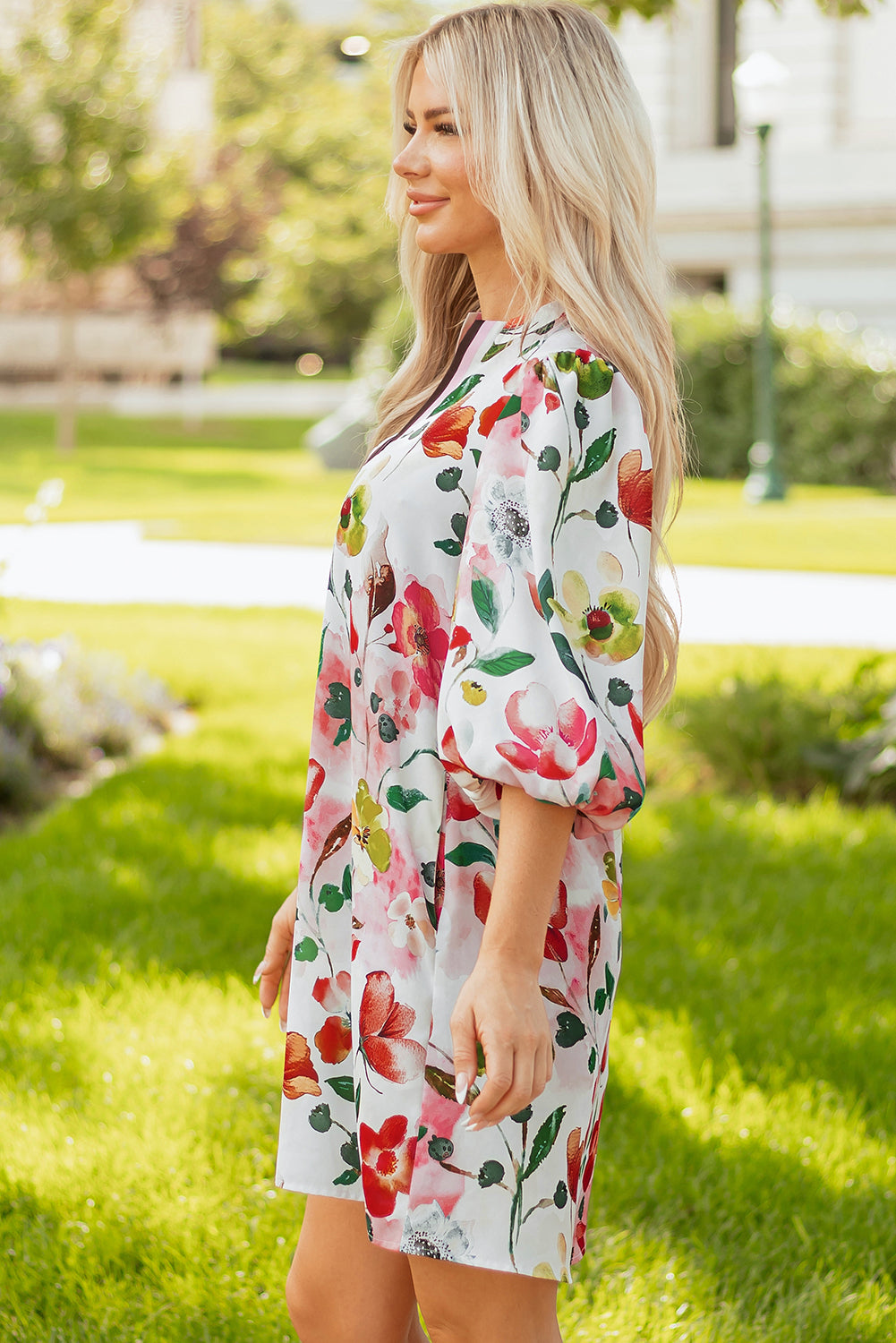 Red Floral Contrast Striped V Neck Puff Half Sleeve Shift Dress-TOPS / DRESSES-[Adult]-[Female]-2022 Online Blue Zone Planet