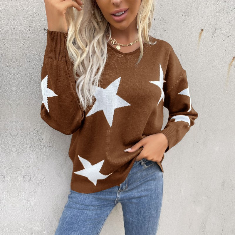 Blue Zone Planet | women's pentagram round neck long sleeve bottoming knitted sweater-TOPS / DRESSES-[Adult]-[Female]-Coffee-S-2022 Online Blue Zone Planet