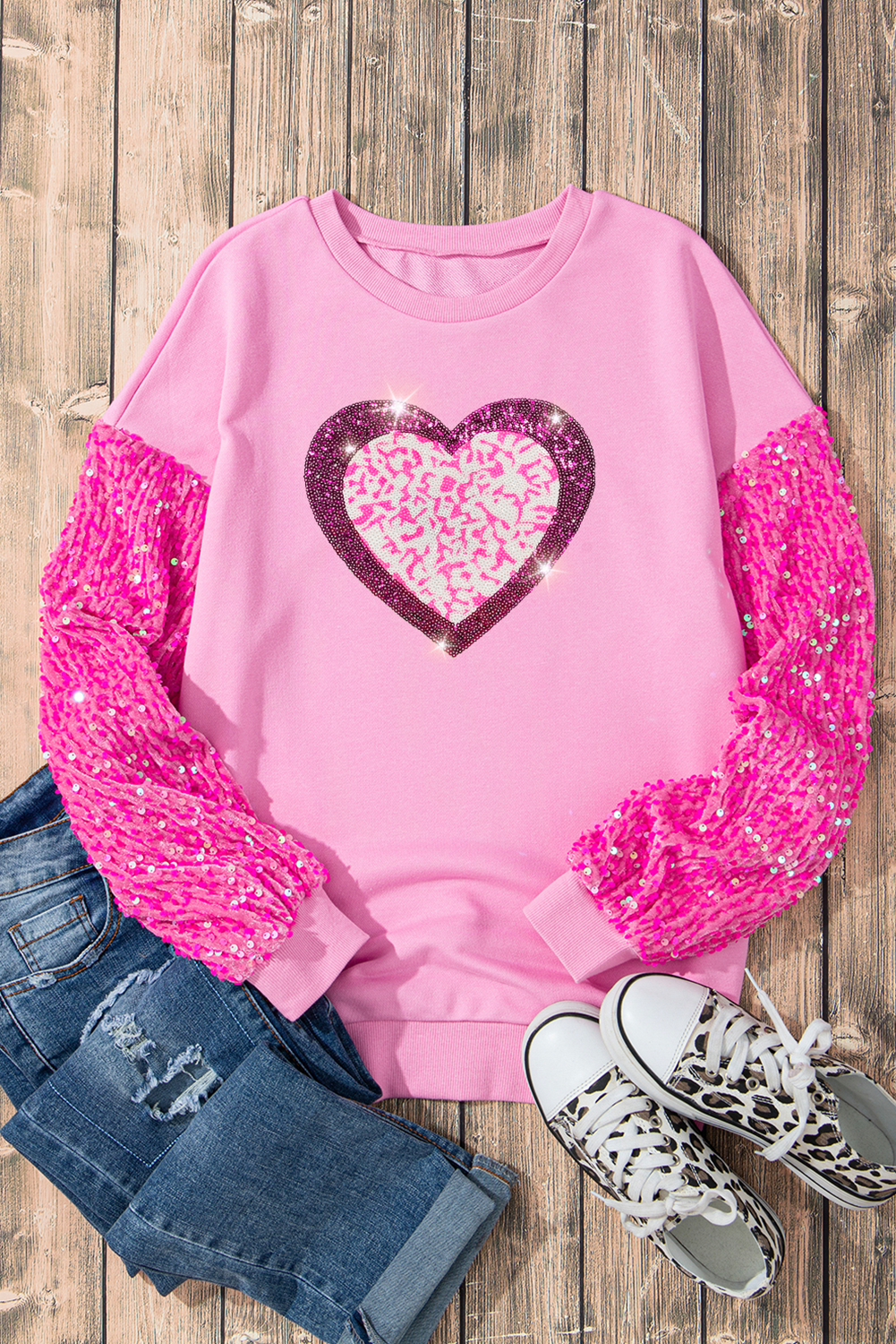 Pink Leopard Heart Graphic Sequin Patchwork Long Sleeve Valentines Top-Graphic/Graphic Long Sleeve Tees-[Adult]-[Female]-2022 Online Blue Zone Planet
