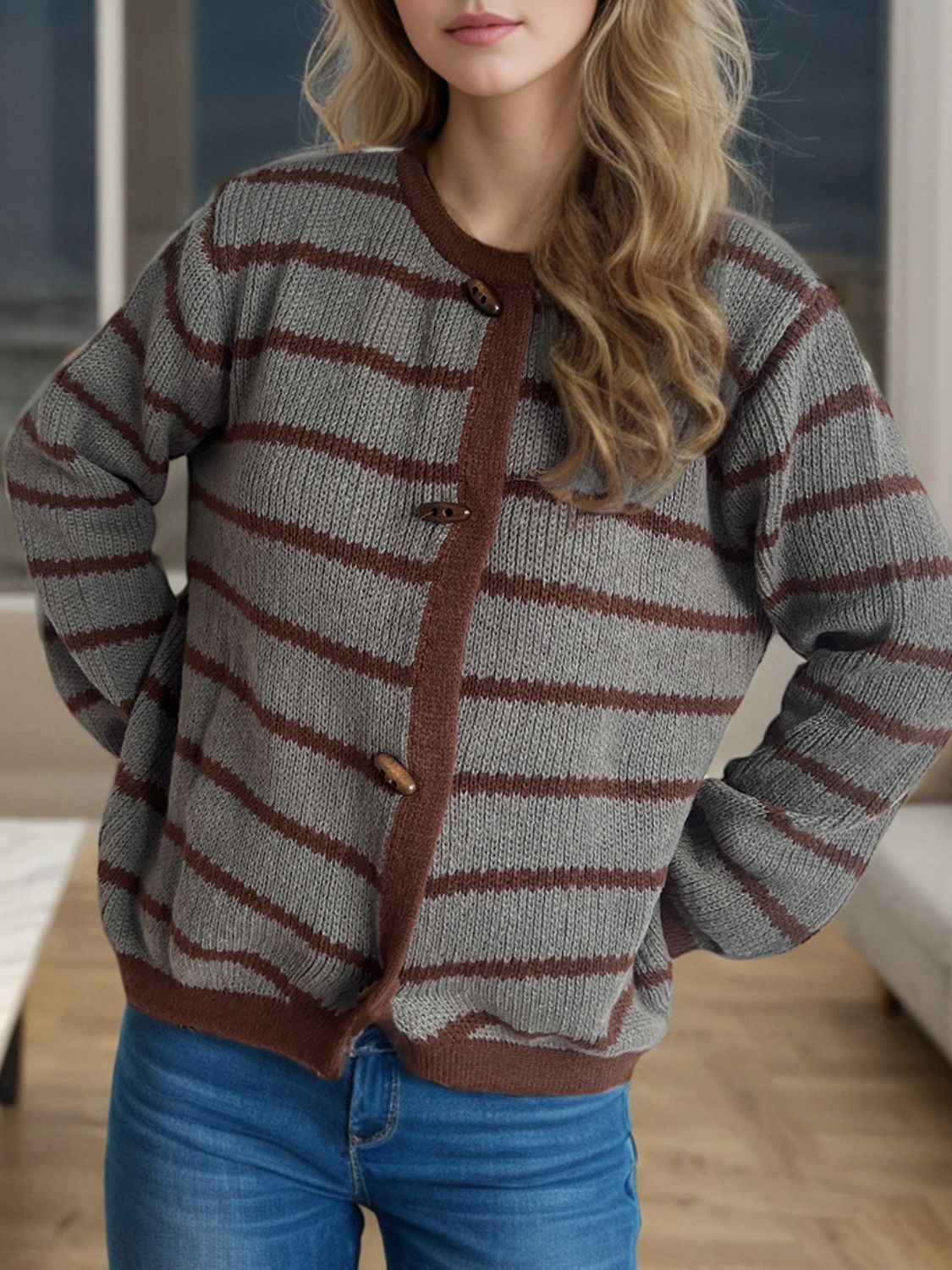 Blue Zone Planet | Striped Round Neck Long Sleeve Cardigan-TOPS / DRESSES-[Adult]-[Female]-2022 Online Blue Zone Planet