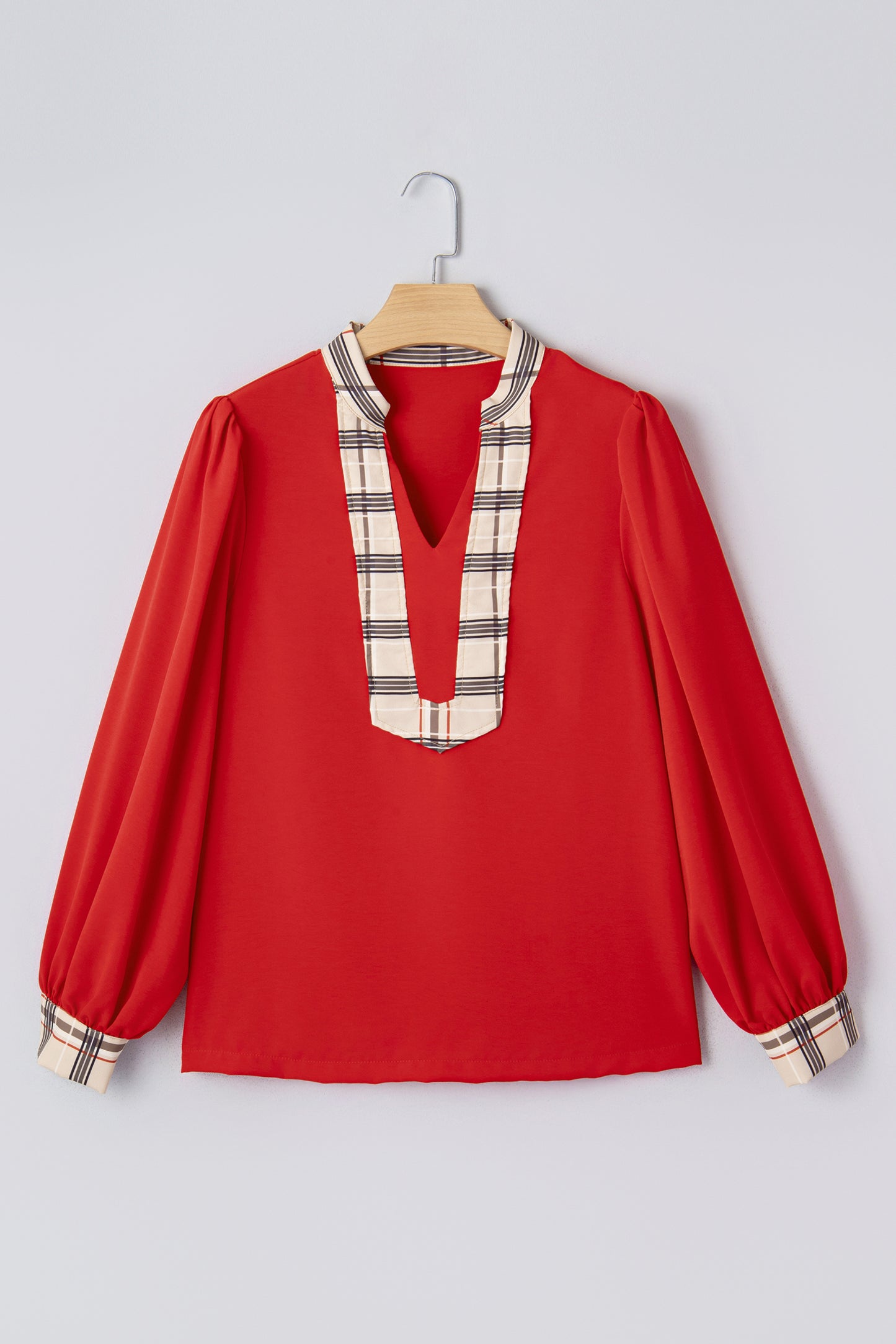 Racing Red Contrast Plaid Patchwork V Neck Long Sleeve Blouse-Tops/Blouses & Shirts-[Adult]-[Female]-2022 Online Blue Zone Planet