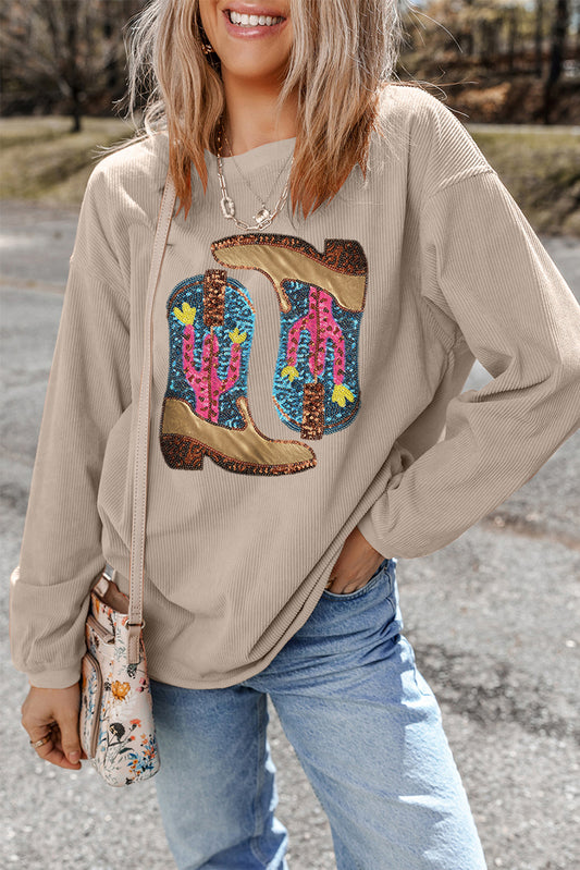 Smoke Gray Western Cowboy Boots Graphic Corded Loose Sweatshirt-Graphic/Graphic Sweatshirts-[Adult]-[Female]-Smoke Gray-S-2022 Online Blue Zone Planet