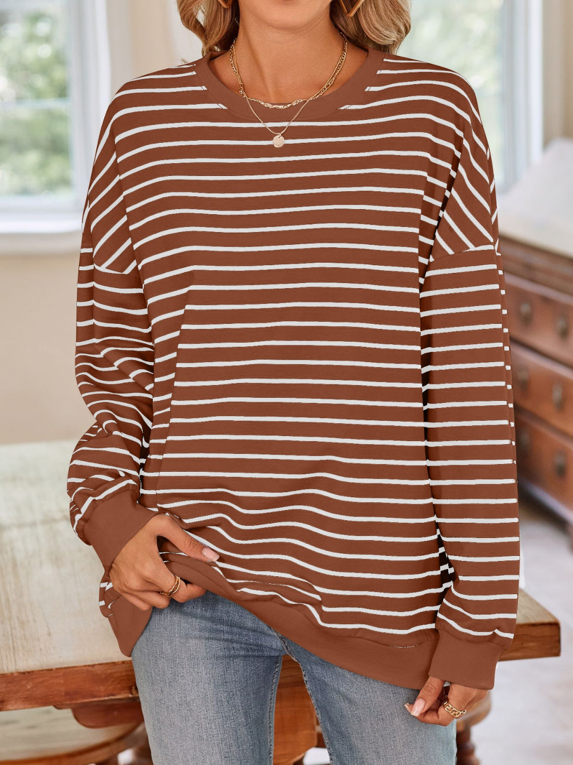 Blue Zone Planet | Lovelet Striped Round Neck Long Sleeve Sweatshirt-TOPS / DRESSES-[Adult]-[Female]-2022 Online Blue Zone Planet