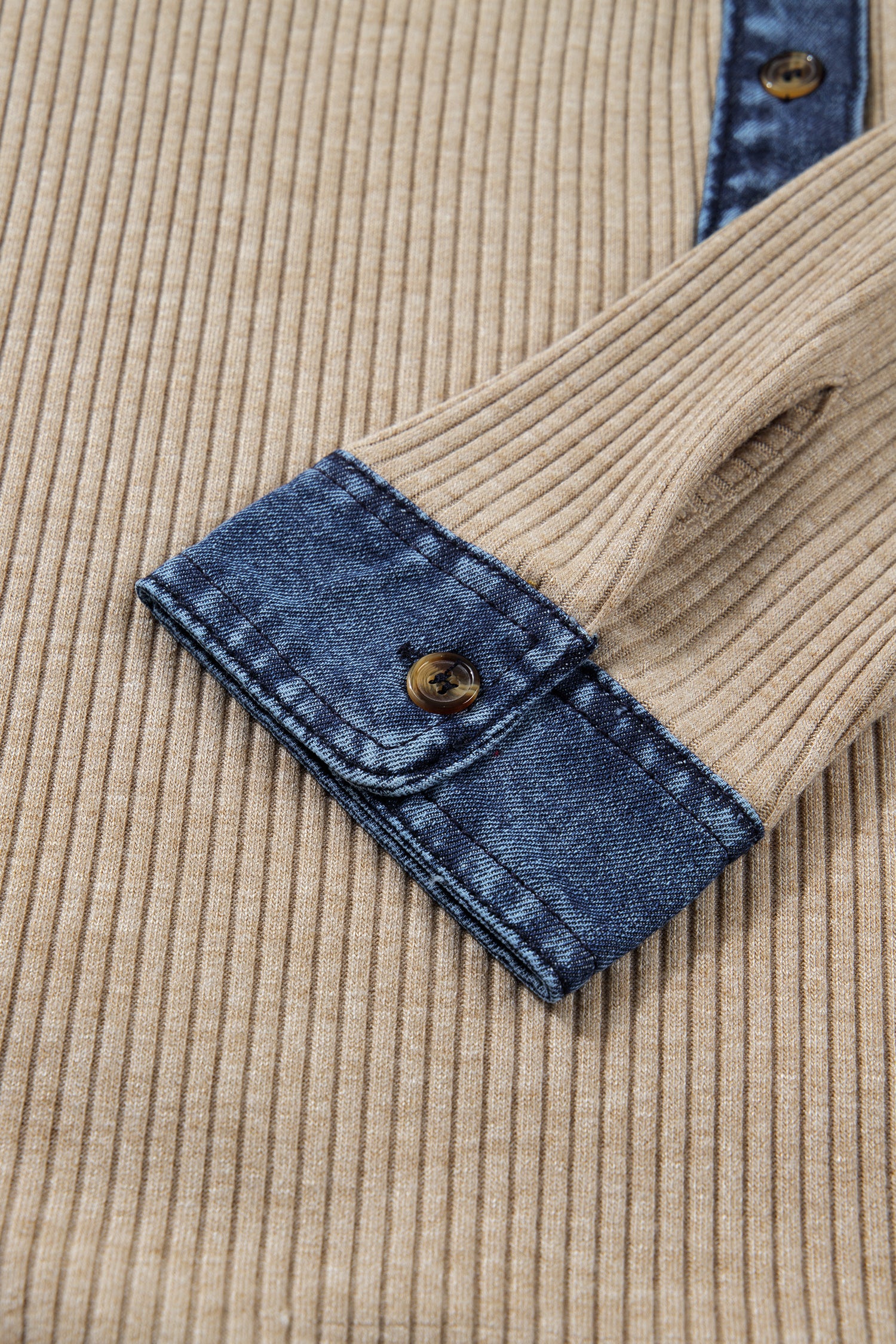 Beige Ribbed Knit Denim Patchwork Button Polo Collar Cuffed Long Sleeve Top-Tops/Long Sleeve Tops-[Adult]-[Female]-2022 Online Blue Zone Planet
