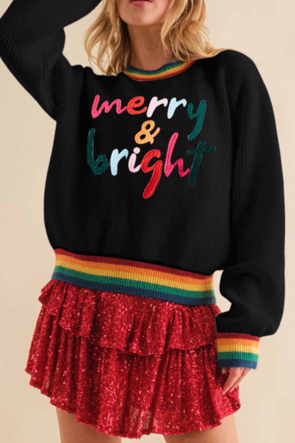 MERRY & BRIGHT Ribbed Round Neck Sweater-TOPS / DRESSES-[Adult]-[Female]-Black-S-2022 Online Blue Zone Planet