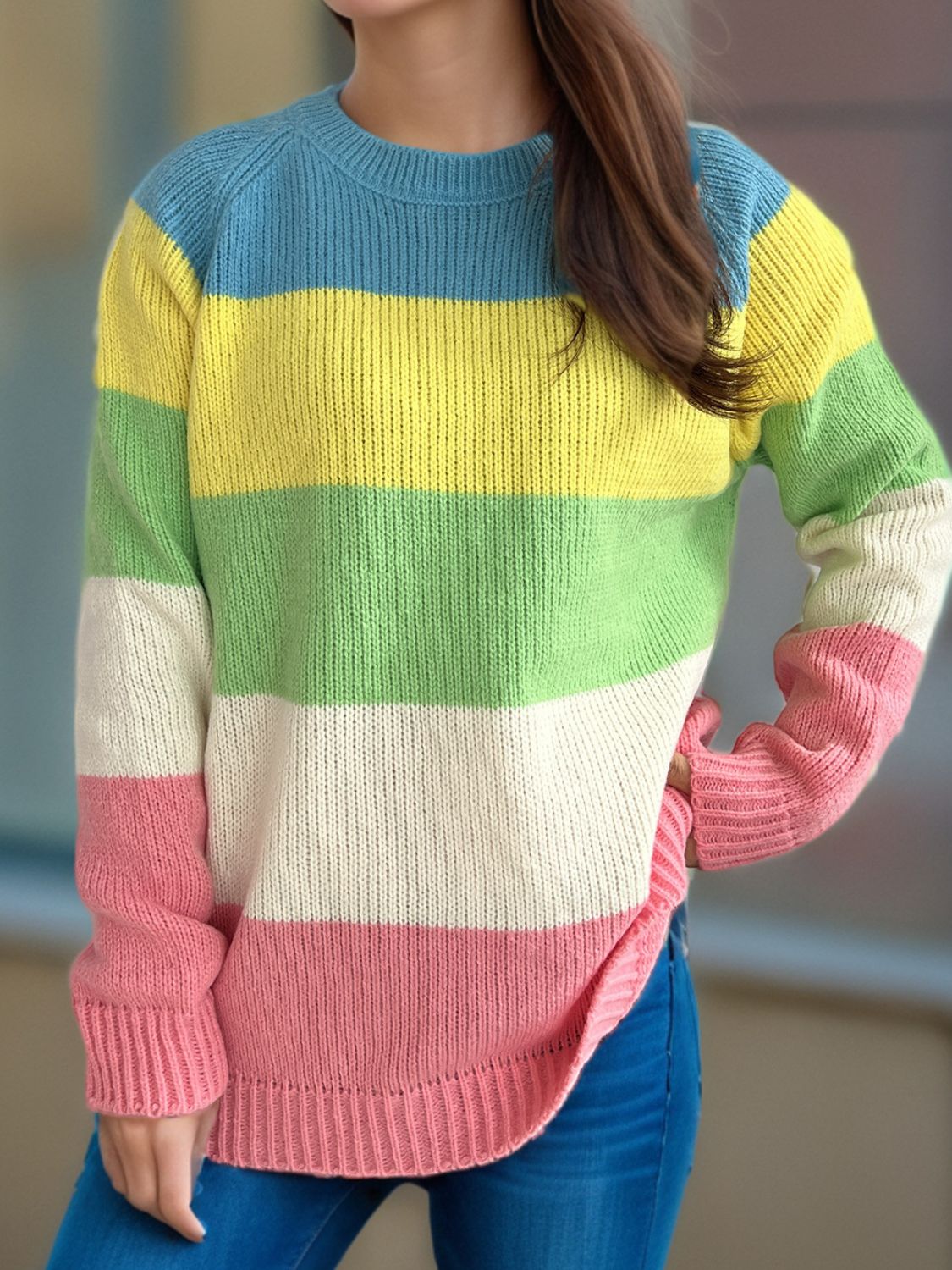 Blue Zone Planet | Color Block Round Neck Long Sleeve Sweater-TOPS / DRESSES-[Adult]-[Female]-Sky Blue-One Size-2022 Online Blue Zone Planet