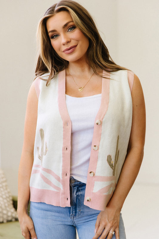 Pink Color Block Trim Button Front Cactus Pattern Western Sweater Vest-TOPS / DRESSES-[Adult]-[Female]-Pink-S-2022 Online Blue Zone Planet