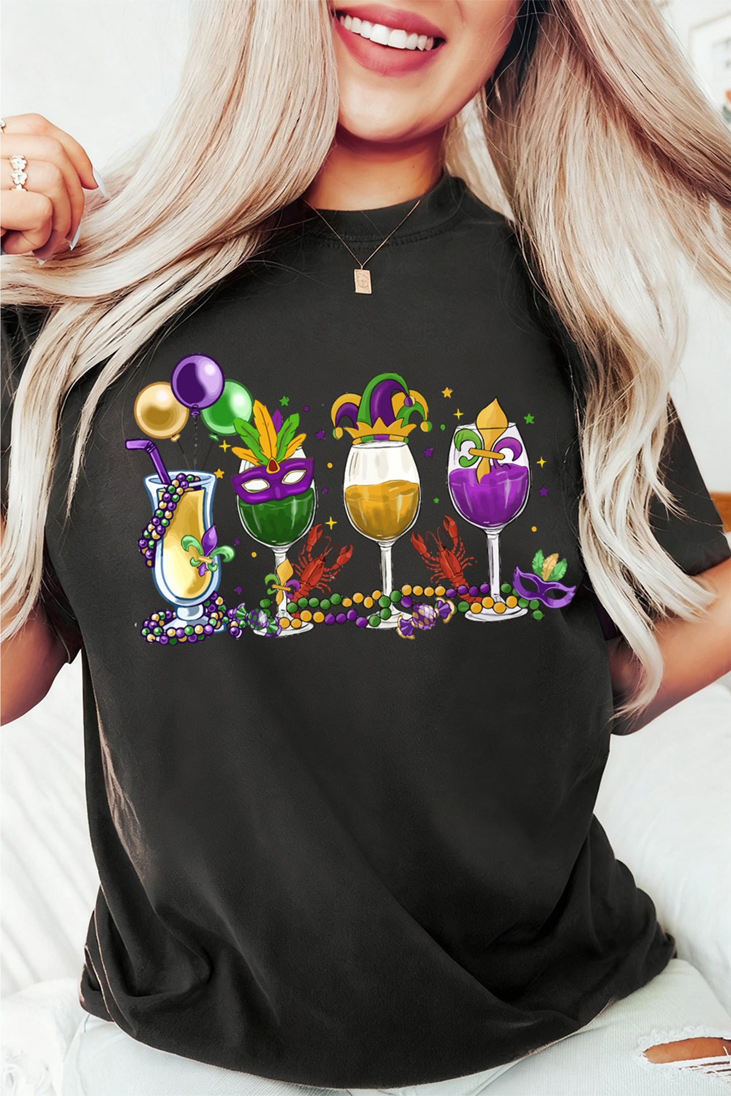 Black Cheerful Mardi Gras Drinks Crayfish Printed T Shirt-Graphic Tees-[Adult]-[Female]-2022 Online Blue Zone Planet