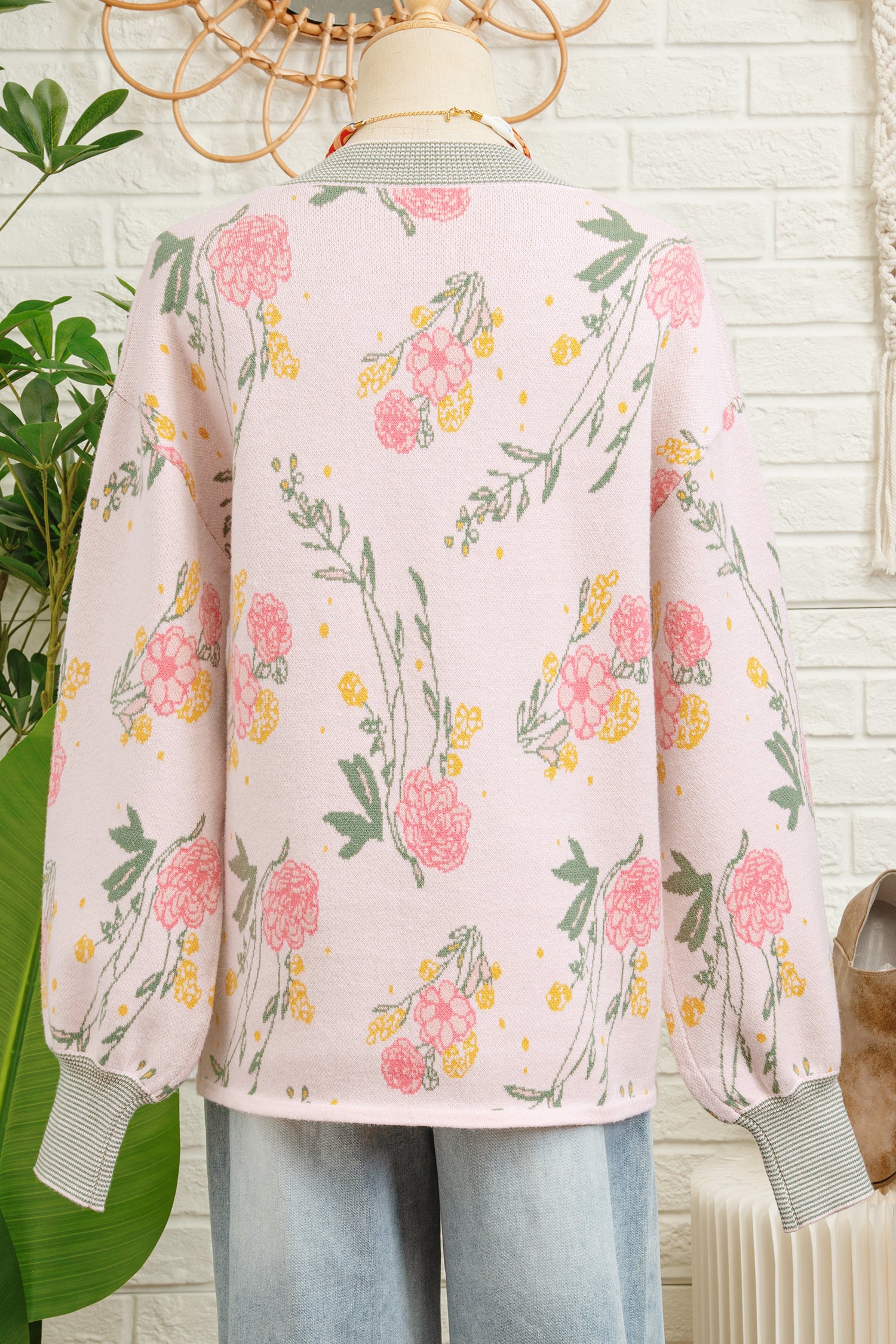 Pink Floral Pattern Striped V Neck Loose Sweater-TOPS / DRESSES-[Adult]-[Female]-2022 Online Blue Zone Planet