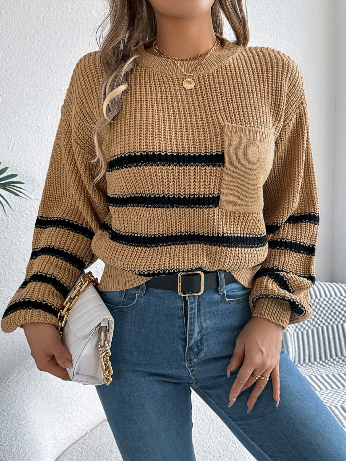 Striped Round Neck Long Sleeve Sweater-TOPS / DRESSES-[Adult]-[Female]-2022 Online Blue Zone Planet