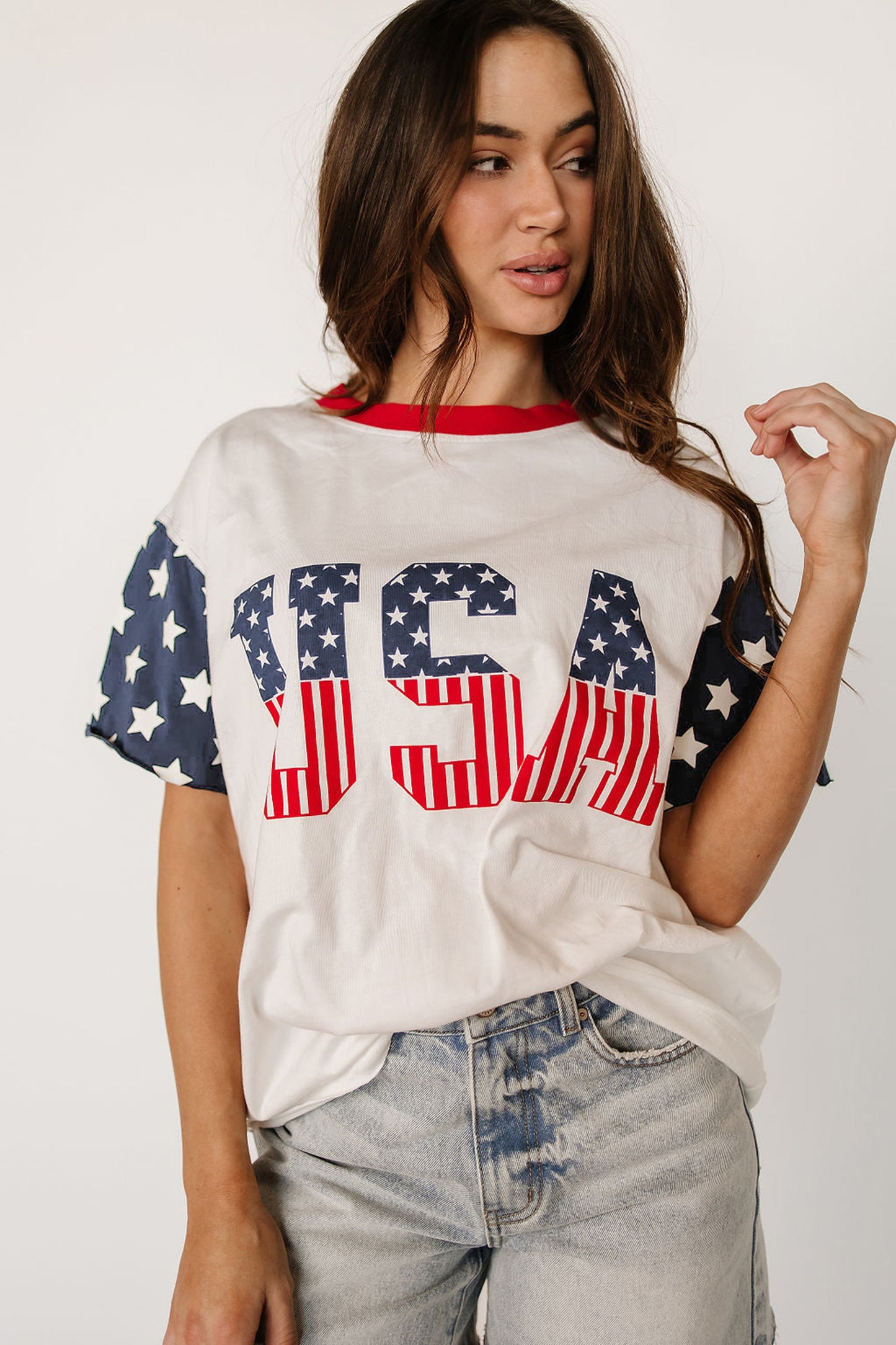 Jet Stream Flag Print Usa Graphic Patchwork Casual Tee-Tops/Tops & Tees-[Adult]-[Female]-2022 Online Blue Zone Planet