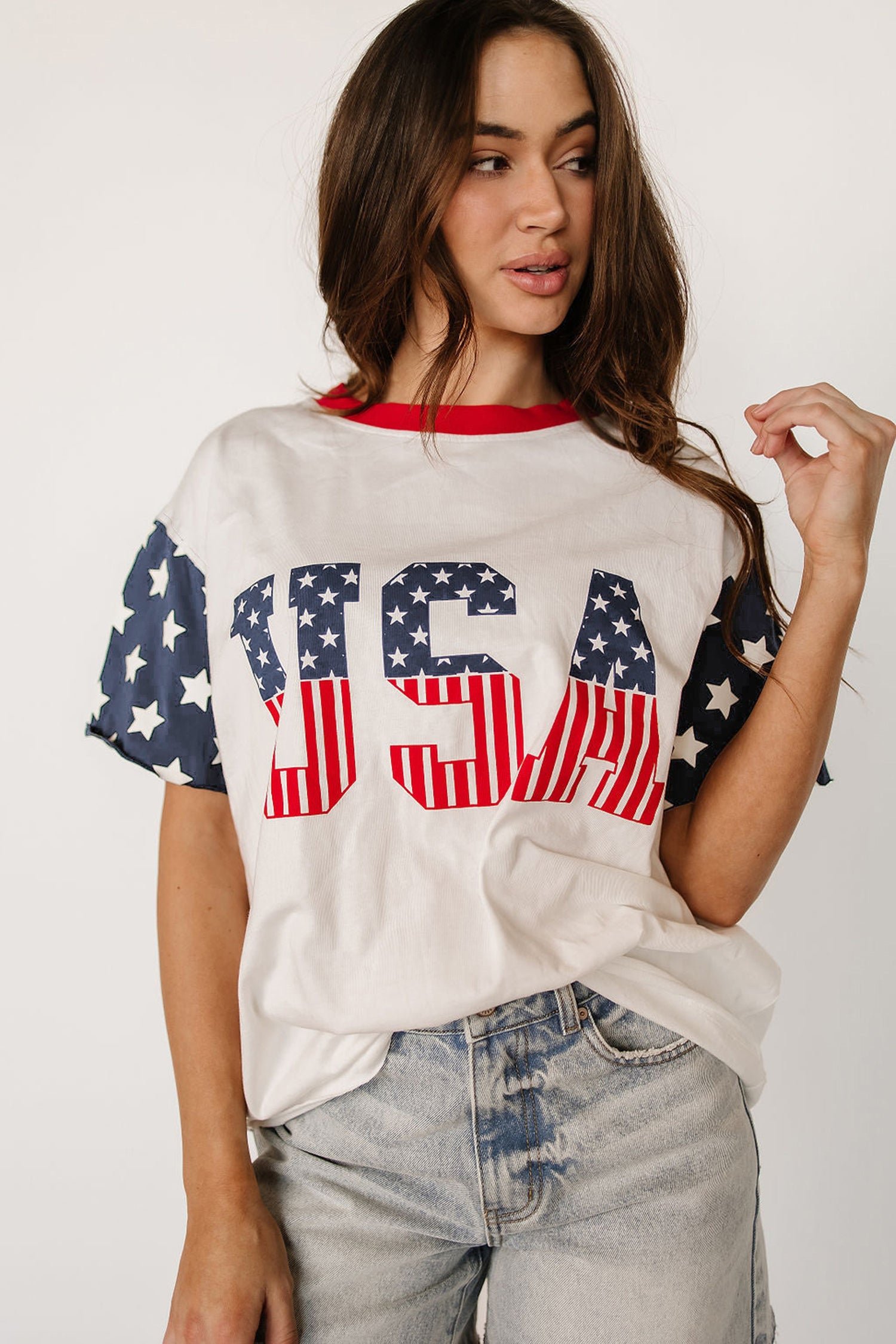 Jet Stream Flag Print Usa Graphic Patchwork Casual Tee-Tops/Tops & Tees-[Adult]-[Female]-2022 Online Blue Zone Planet