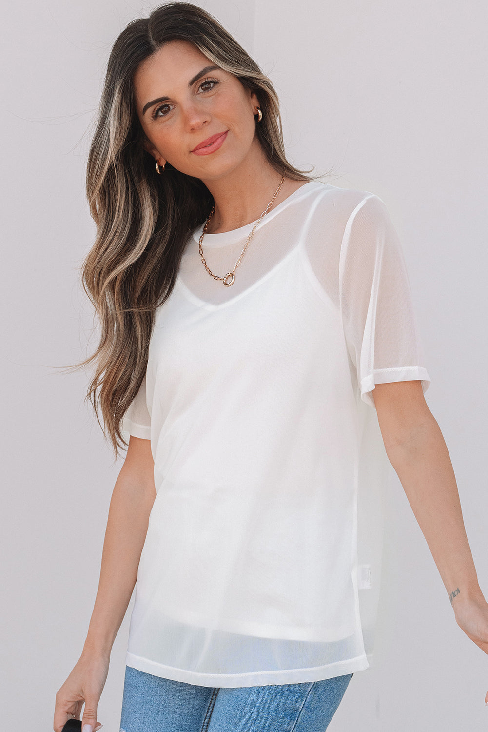 White Solid Color Sheer Mesh Patchwork Short Sleeve Top-Tops/Tops & Tees-[Adult]-[Female]-2022 Online Blue Zone Planet