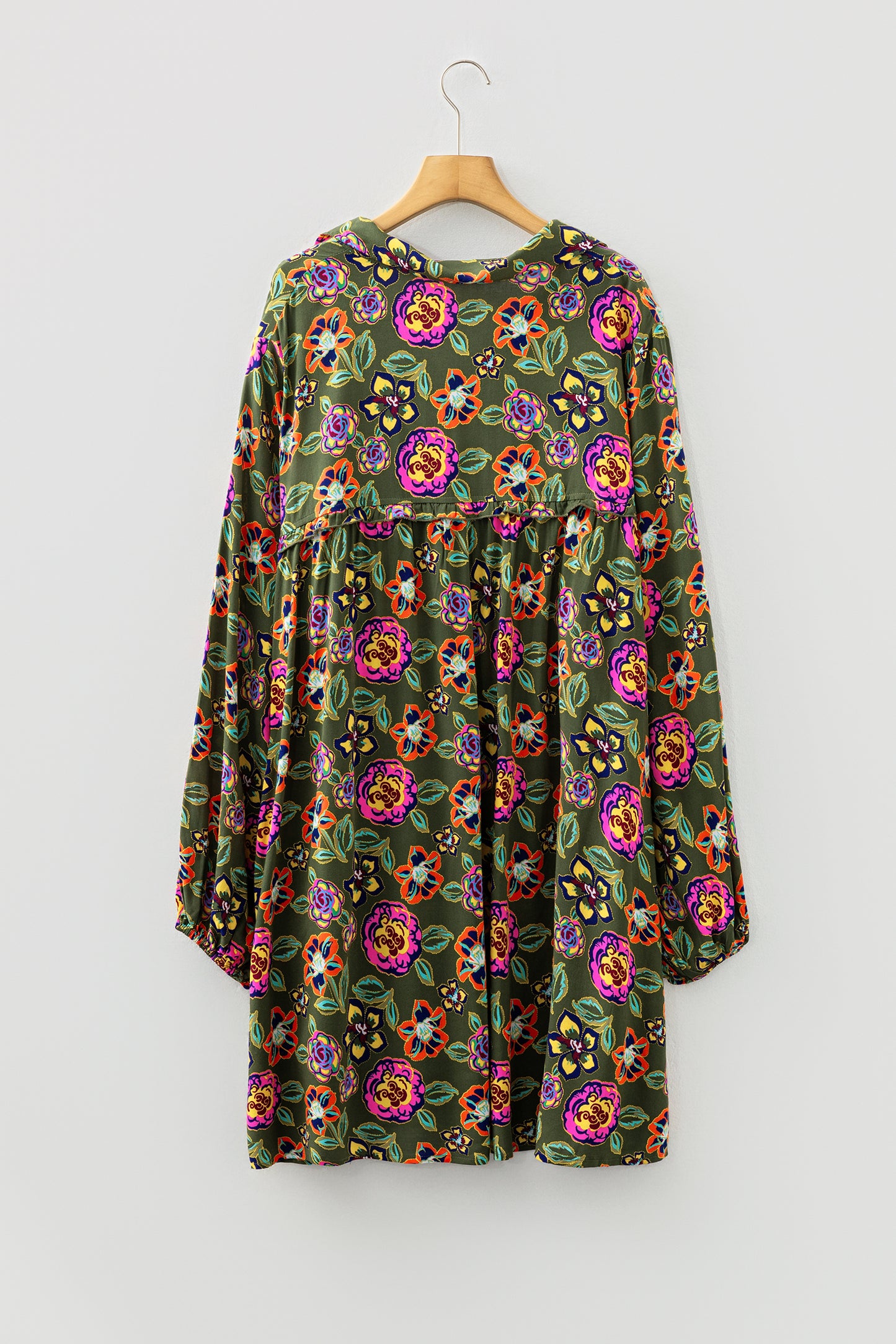 Green Plus Size Floral Print Collared V Neck Loose Mini Dress-TOPS / DRESSES-[Adult]-[Female]-2022 Online Blue Zone Planet