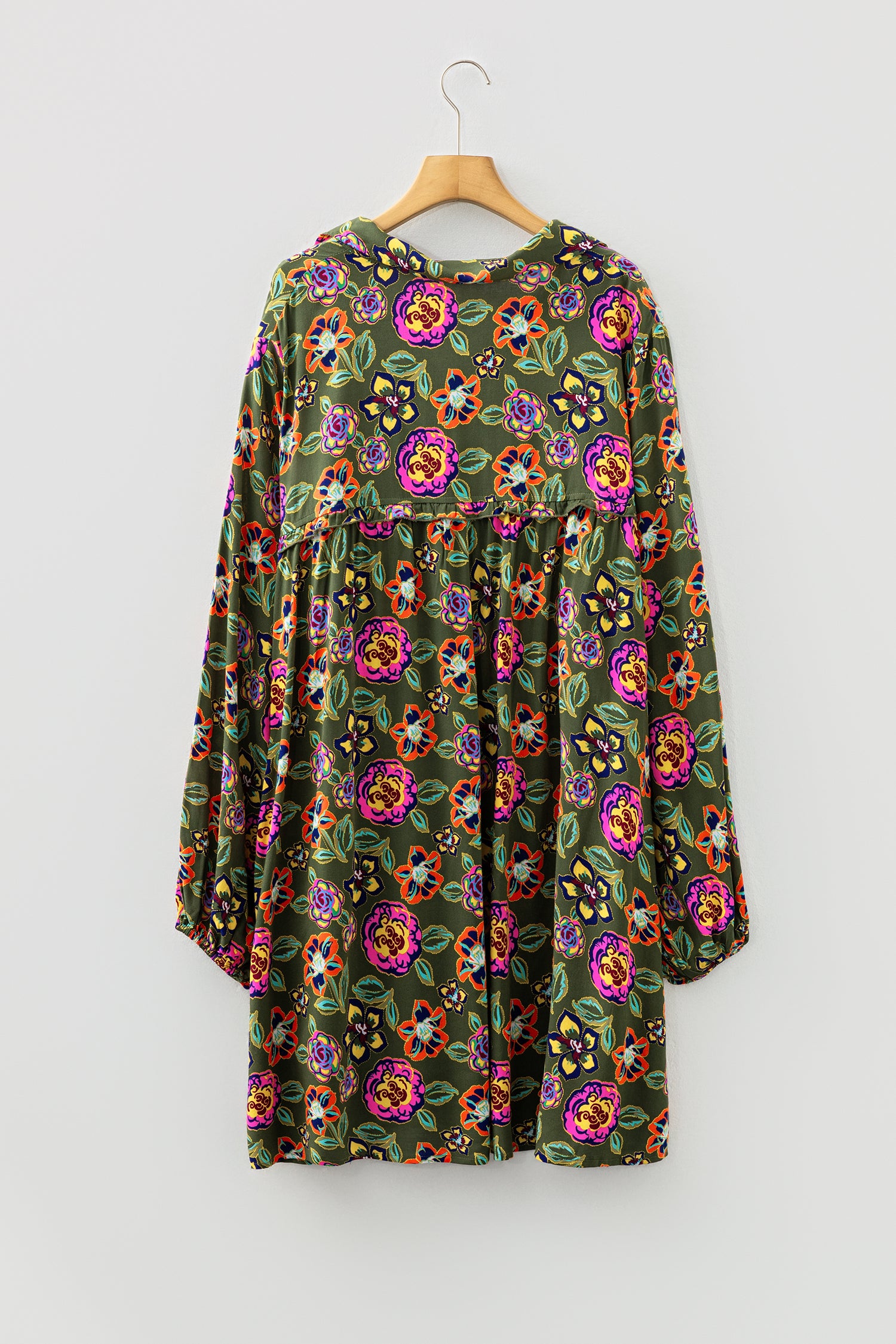 Green Plus Size Floral Print Collared V Neck Loose Mini Dress-TOPS / DRESSES-[Adult]-[Female]-2022 Online Blue Zone Planet