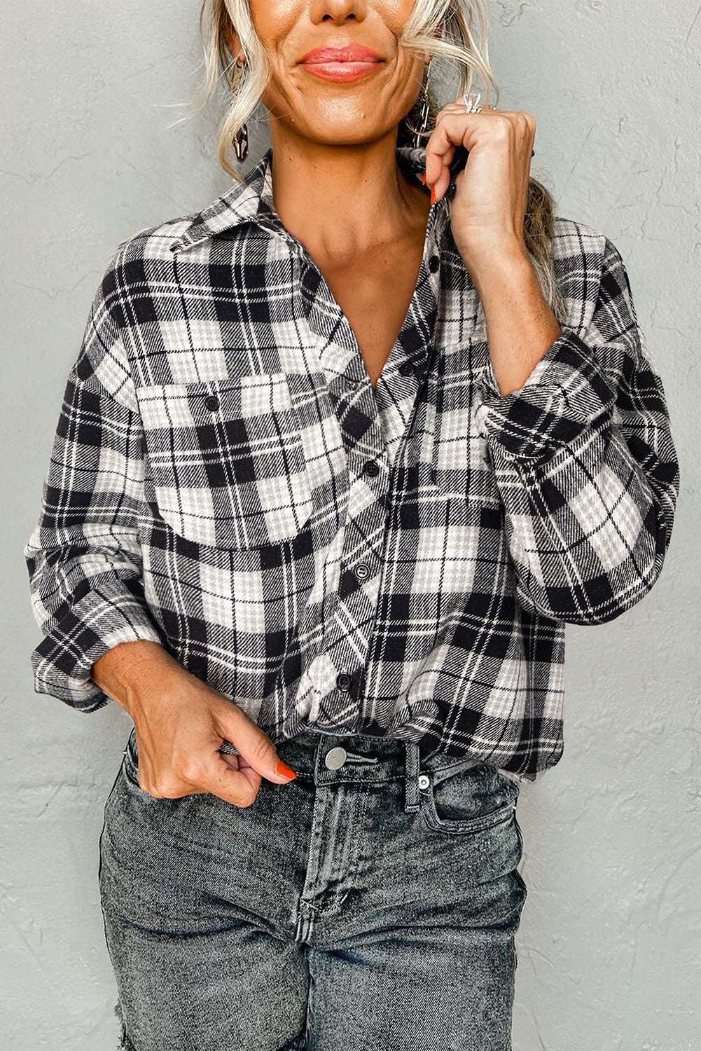 Black Plaid Print Chest Pockets Buttoned Shirt-Tops/Blouses & Shirts-[Adult]-[Female]-2022 Online Blue Zone Planet