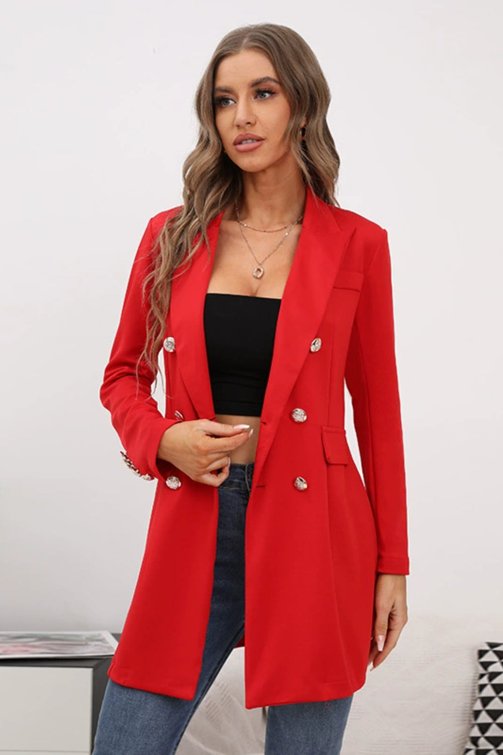 Buttoned Lapel Collar Long Sleeve Blazer-TOPS / DRESSES-[Adult]-[Female]-2022 Online Blue Zone Planet