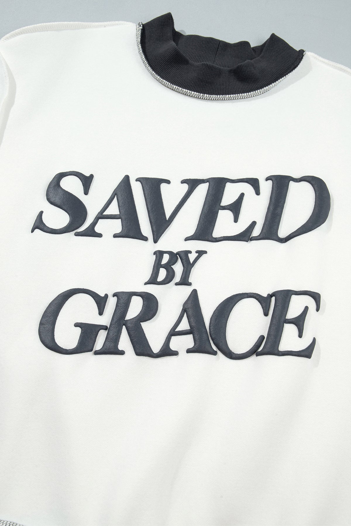 Beige Saved By Grace Print Color Block Mock Neck Oversized Sweatshirt-Tops/Sweatshirts & Hoodies-[Adult]-[Female]-2022 Online Blue Zone Planet