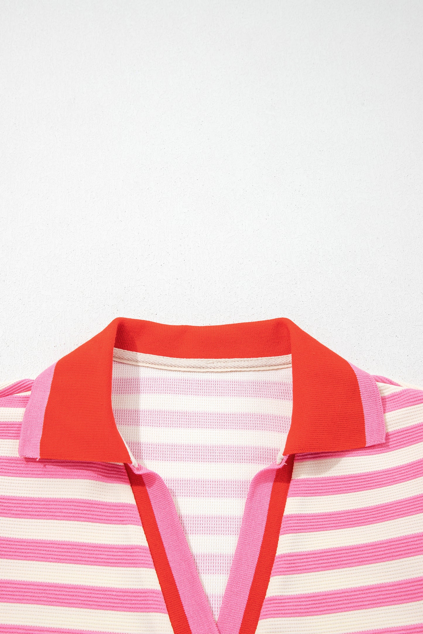 Rose Stripe Contrast Trim Polo Collar Ruffled Short Sleeve Blouse-Tops/Blouses & Shirts-[Adult]-[Female]-2022 Online Blue Zone Planet