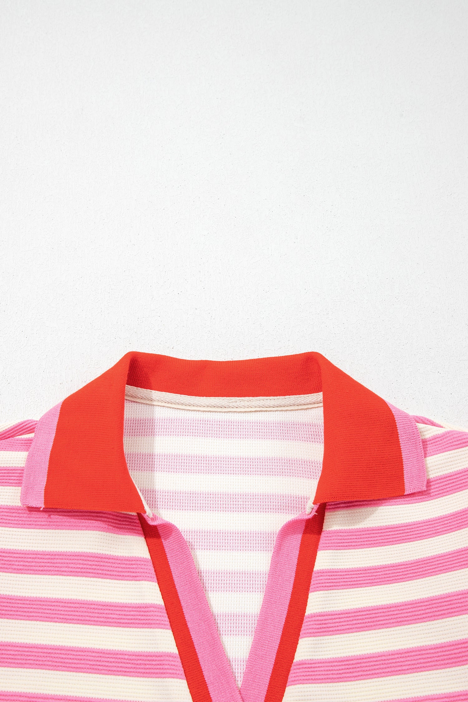 Rose Stripe Contrast Trim Polo Collar Ruffled Short Sleeve Blouse-Tops/Blouses & Shirts-[Adult]-[Female]-2022 Online Blue Zone Planet