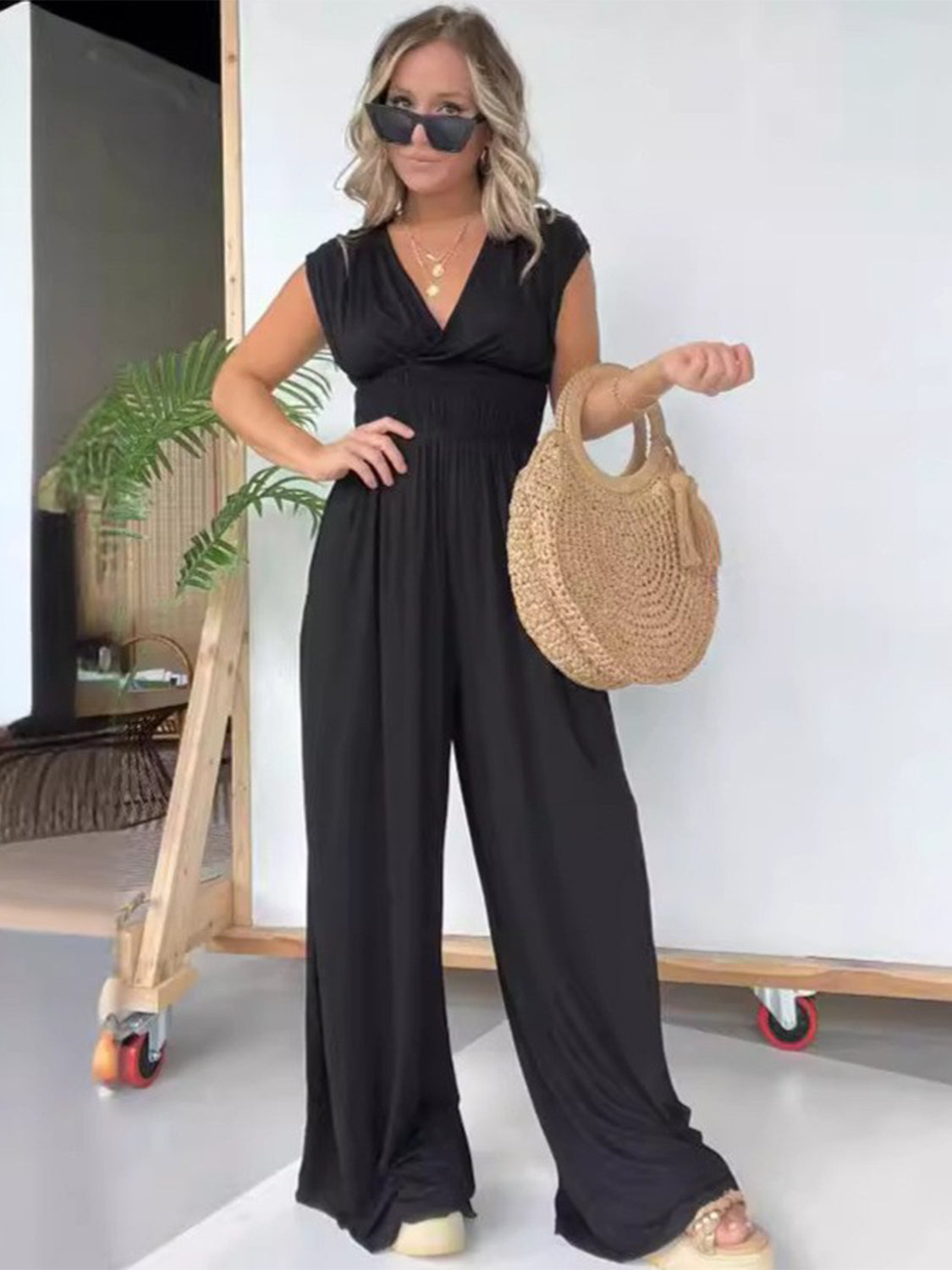 Smocked Cap Sleeve Wide Leg Jumpsuit-TOPS / DRESSES-[Adult]-[Female]-Black-S-2022 Online Blue Zone Planet